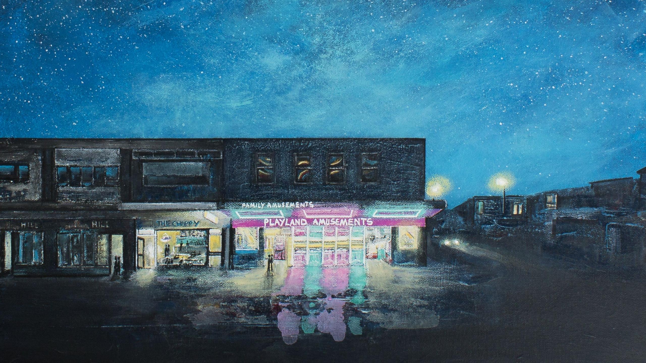 A painting of an amusement arcade at night, with a bright blue starry sky above, the neom lights shining on the wet pavement