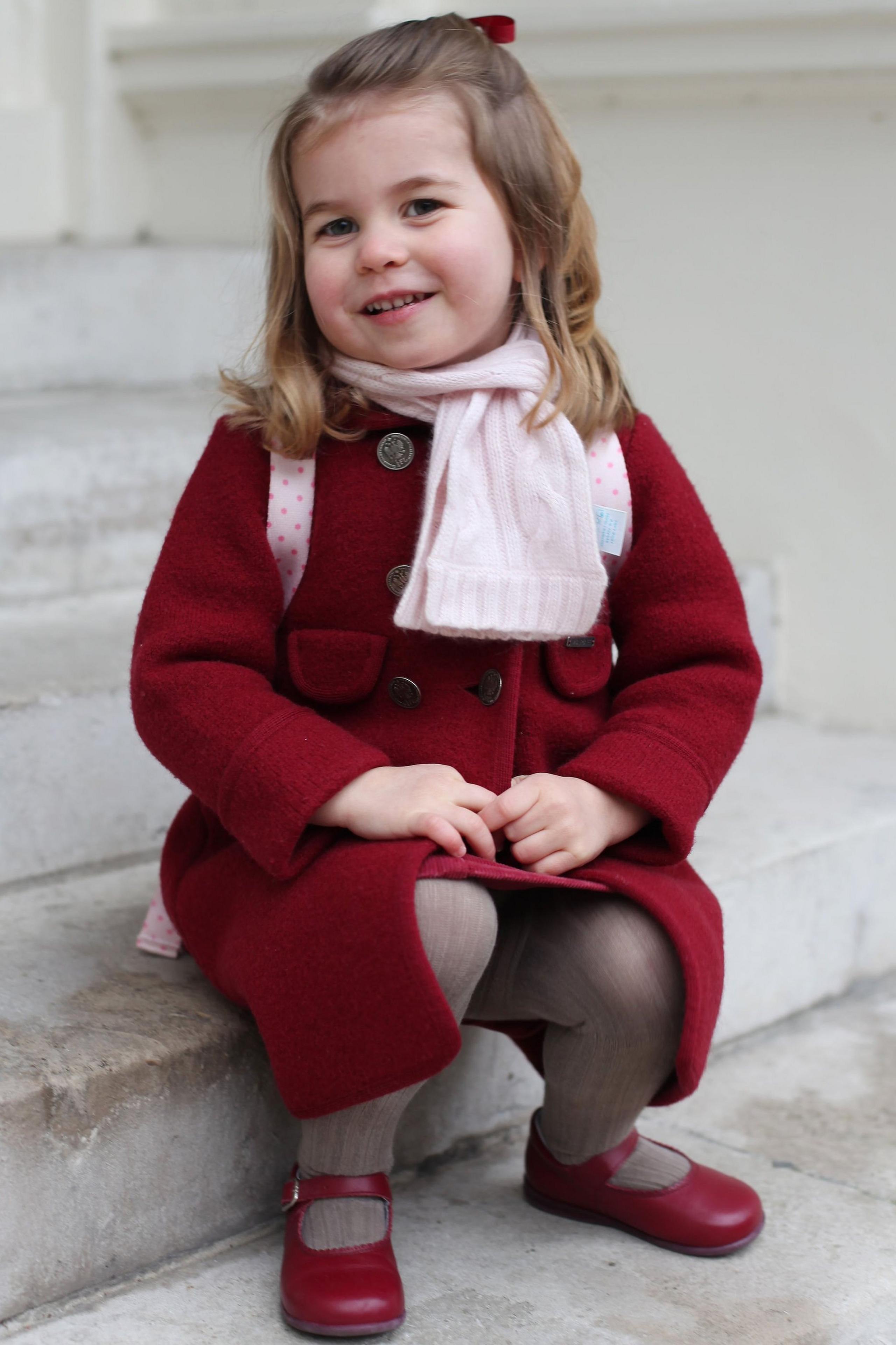 Princess Charlotte taken by her mother at Kensington Palace this morning shortly before the princess left for her first day of nursery in 2018