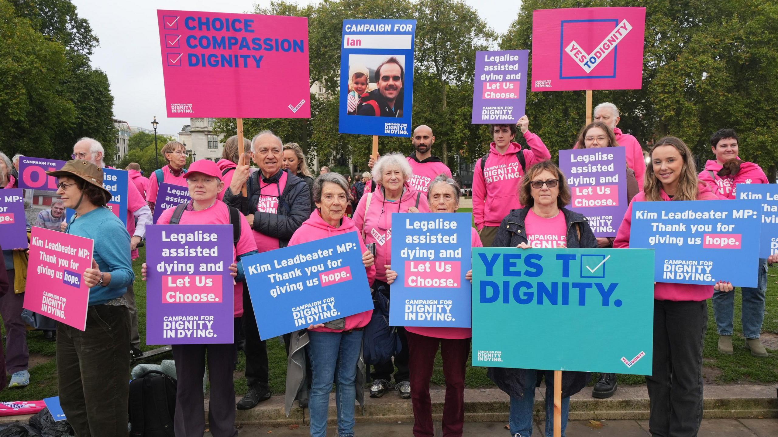 Dignity in Dying campaigners gather in Parliament Square, central London, in support of the "assisted dying bill", a private members bill, described as offering choice at the end of life, which is due to be formally introduced to Parliament in the House of Commons today. Picture date: Wednesday October 16, 2024. 