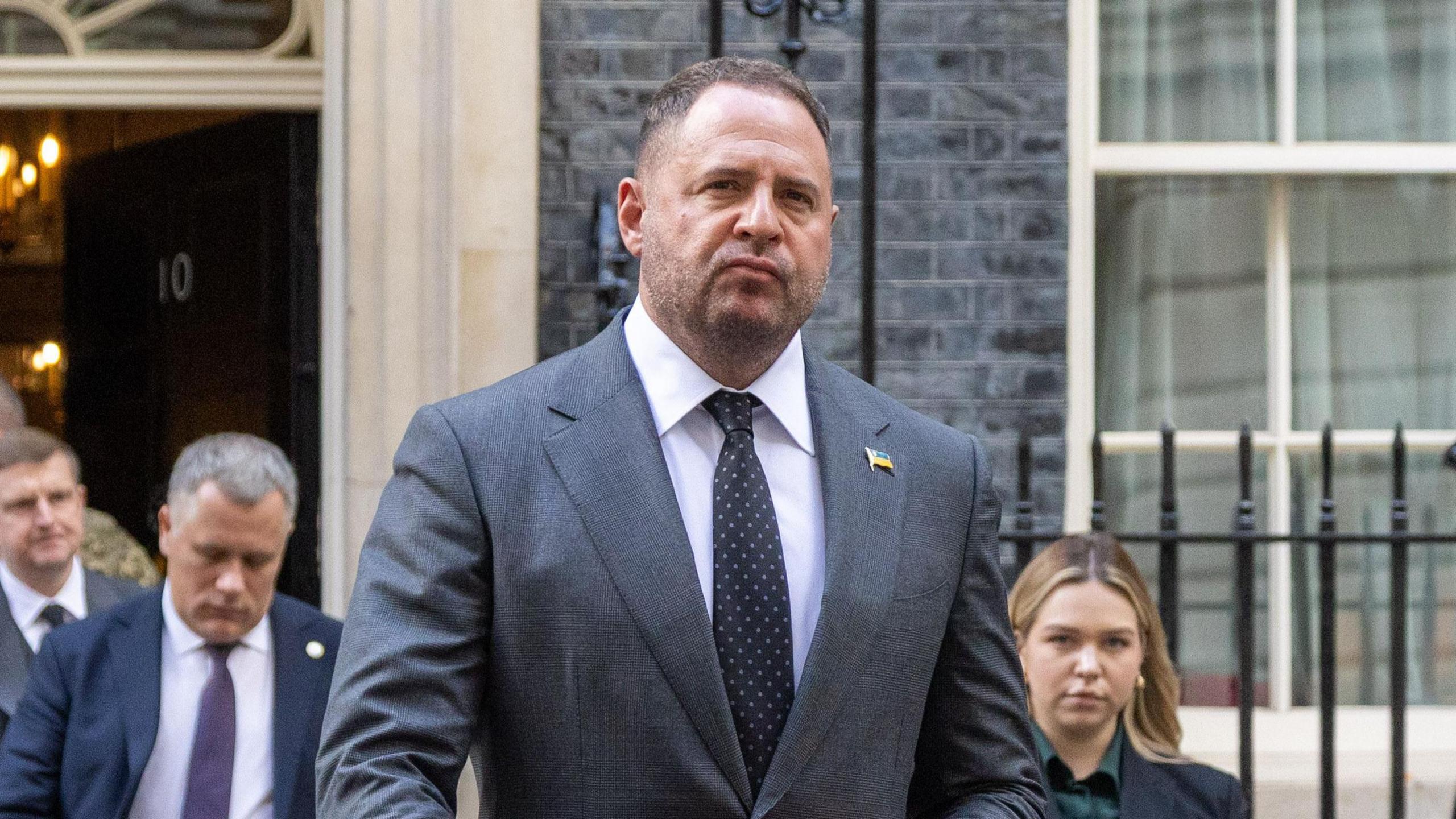 Andriy Yermak walks out of 10 Downing Street after a meeting of the Coalition of the Willing in October 2025