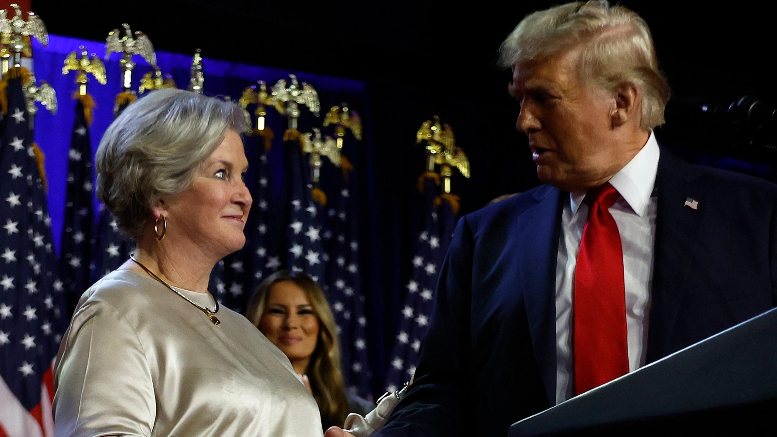 Susie Wiles appears on stage with Donald Trump during his victory speech this week in Flordia