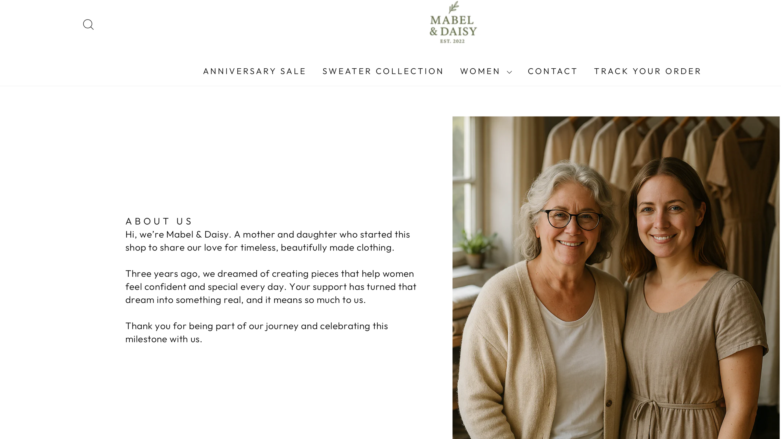 A screengrab of a clothing website called Mabel & Daisy. 