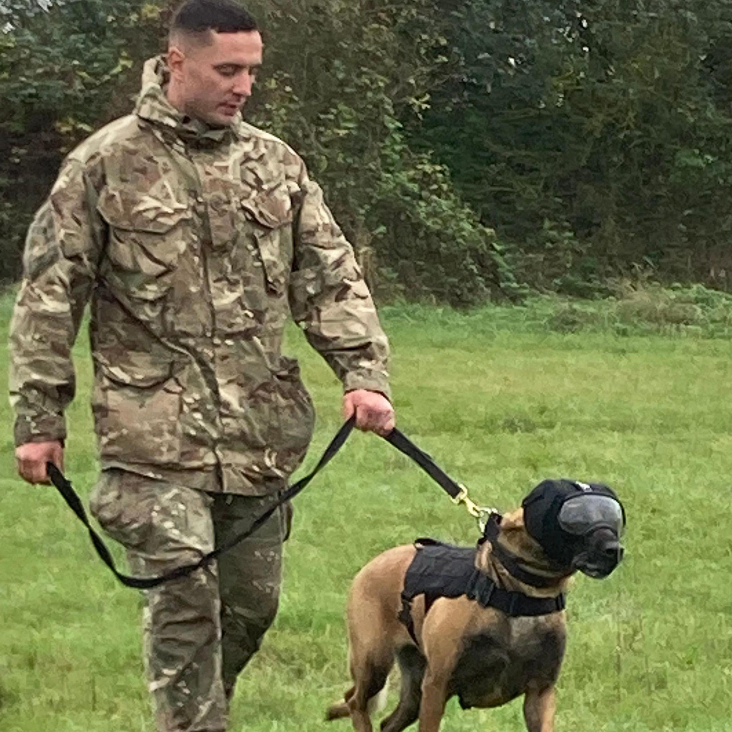 A soldier in camouflage gear with a dog on a lead, wearing goggles and headgear