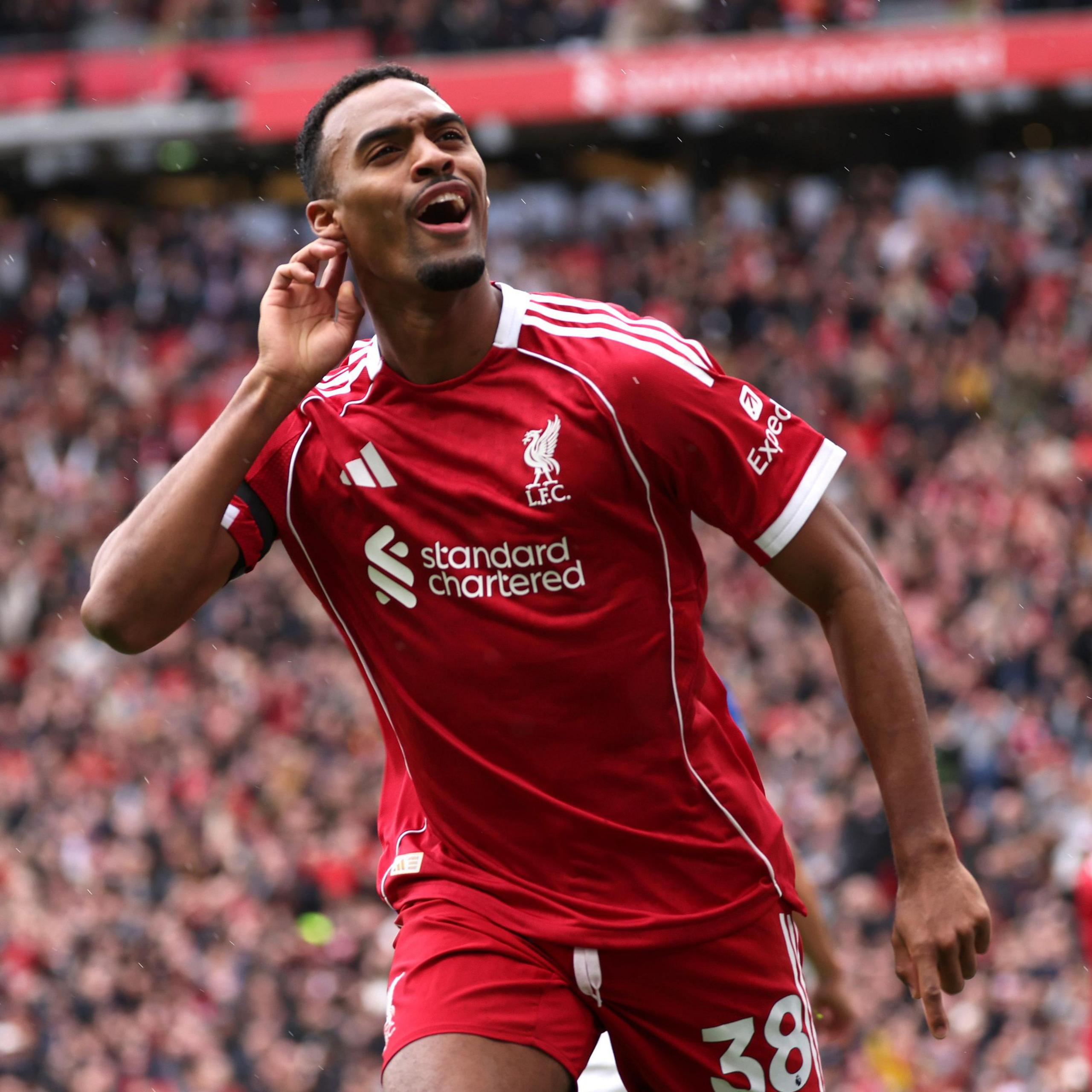 Liverpool midfielder Ryan Gravenberch celebrates scoring against Everton