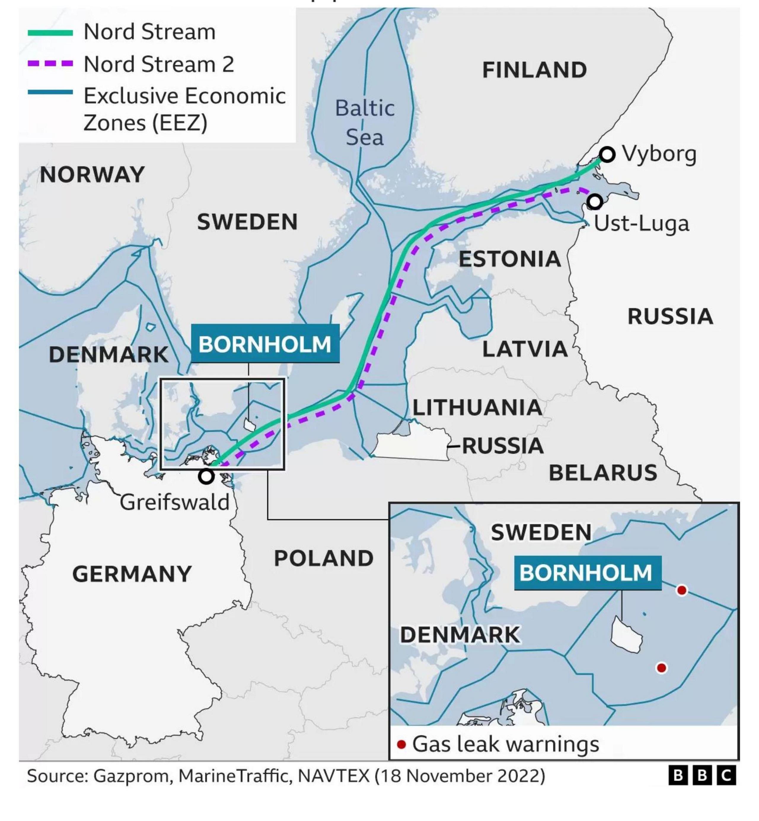 Map of Nord Stream gas pipelines