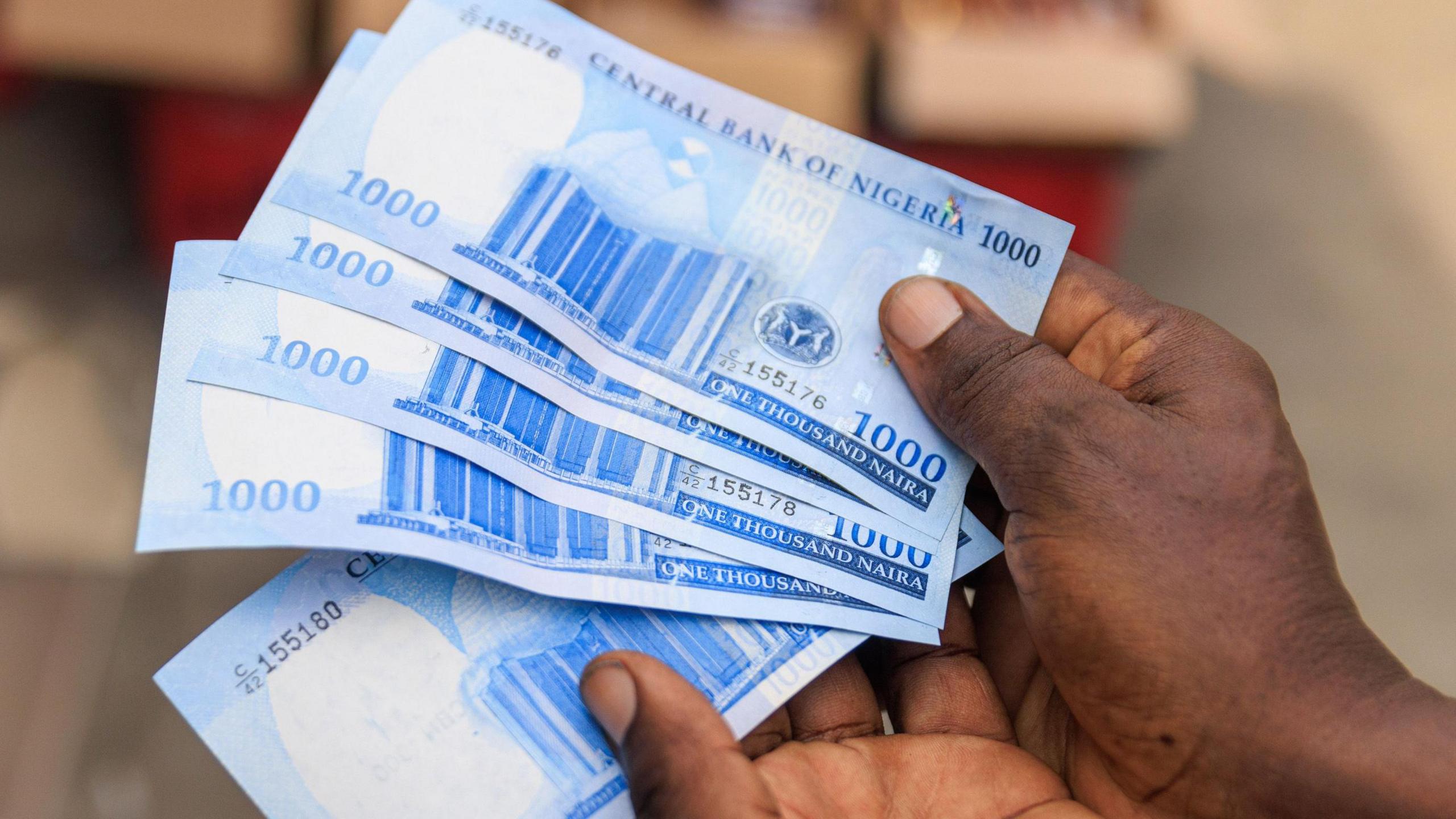 Someone holding up five blue naira notes in a fan.