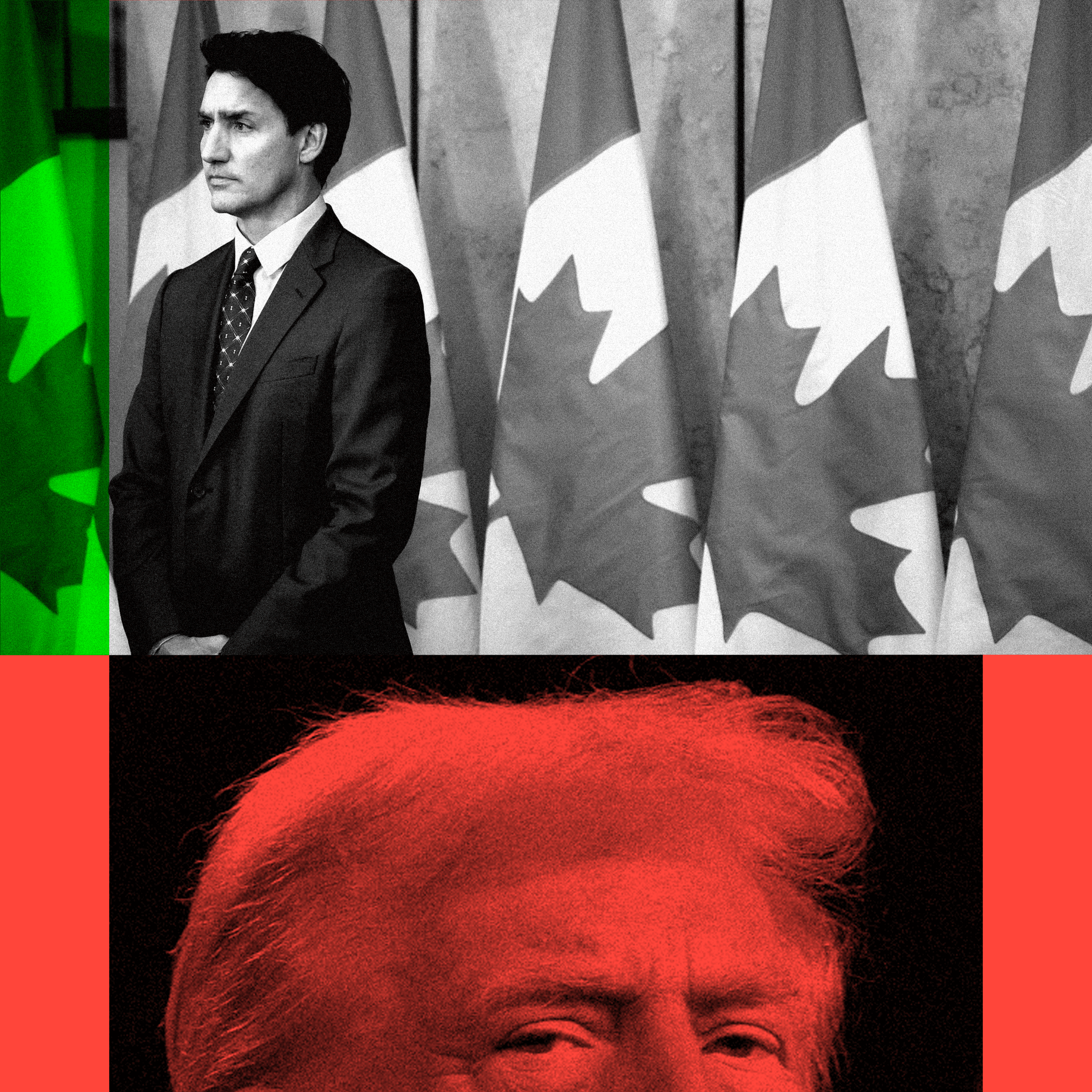 Montage image with Justin Trudeau in front of Canadian flags, with headshot of Trump below
