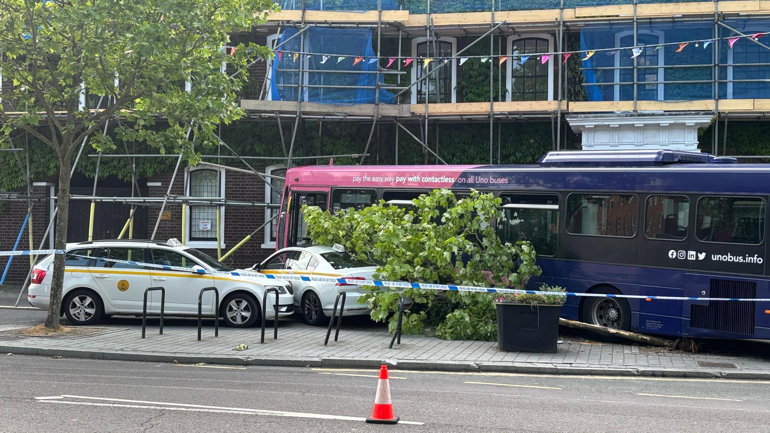 A side view of the crashed bus.