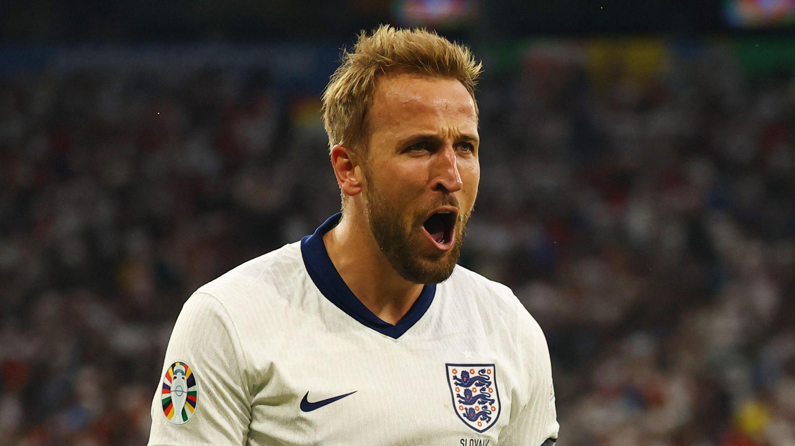 Harry Kane celebrating his extra time winner against Slovakia on 30 June