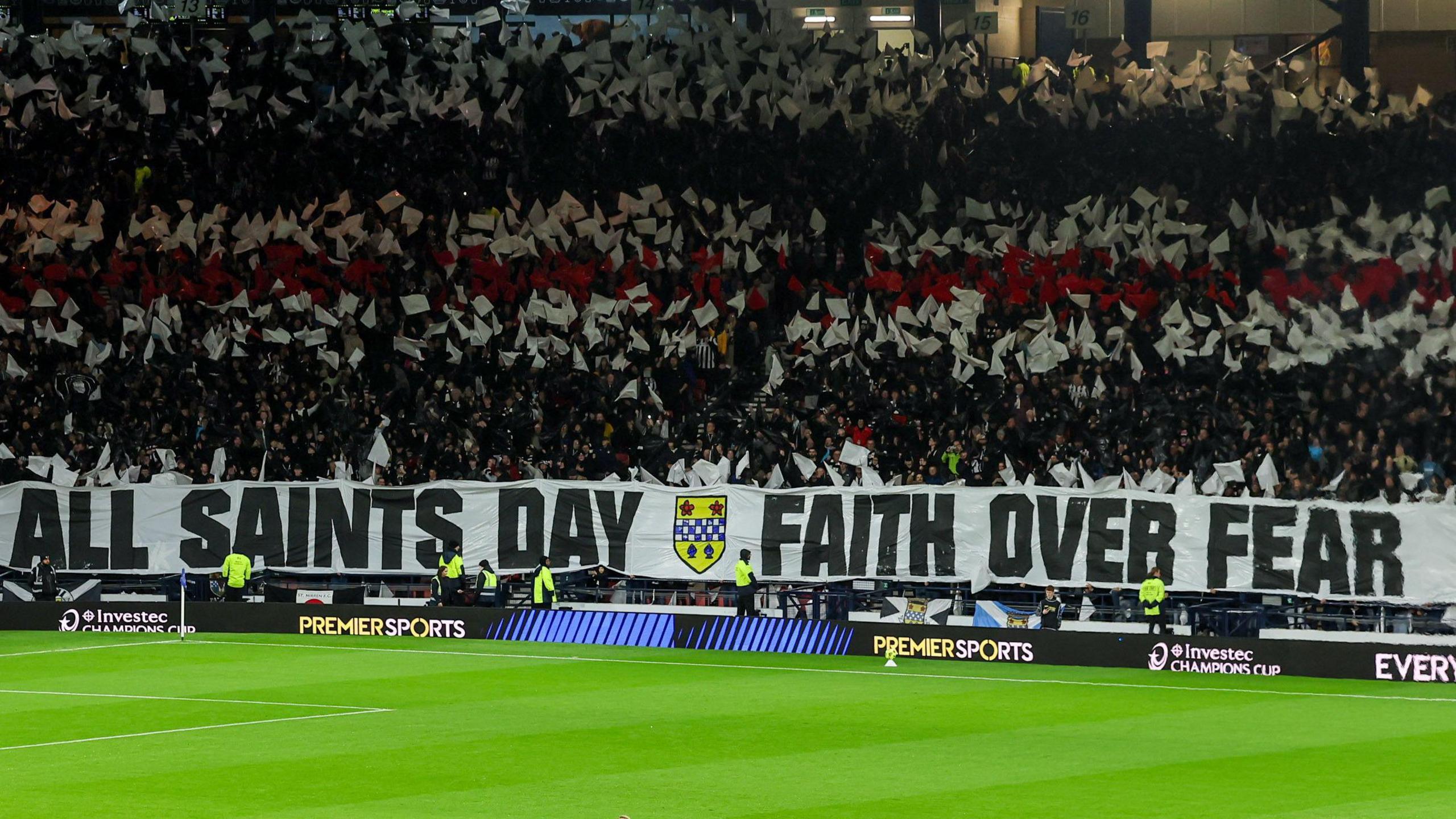 A general view of the St Mirren fans display as the teams enter the field during a Premier Sports Cup Semi-Final match between Motherwell and St Mirren at Hampden Park