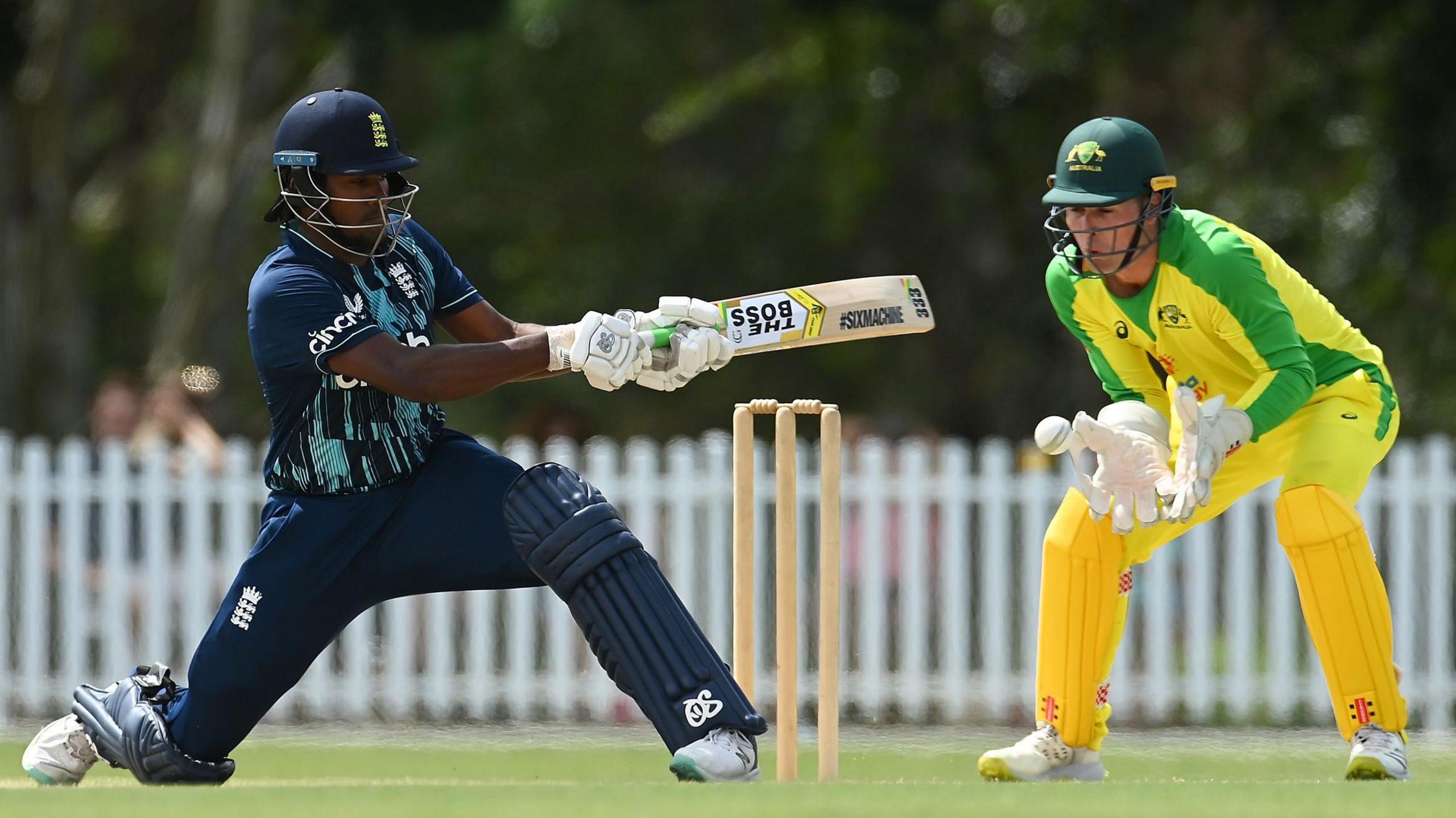 Sheridon Gumbs in action for England Under-19s against Australia in Brisbane in 2023