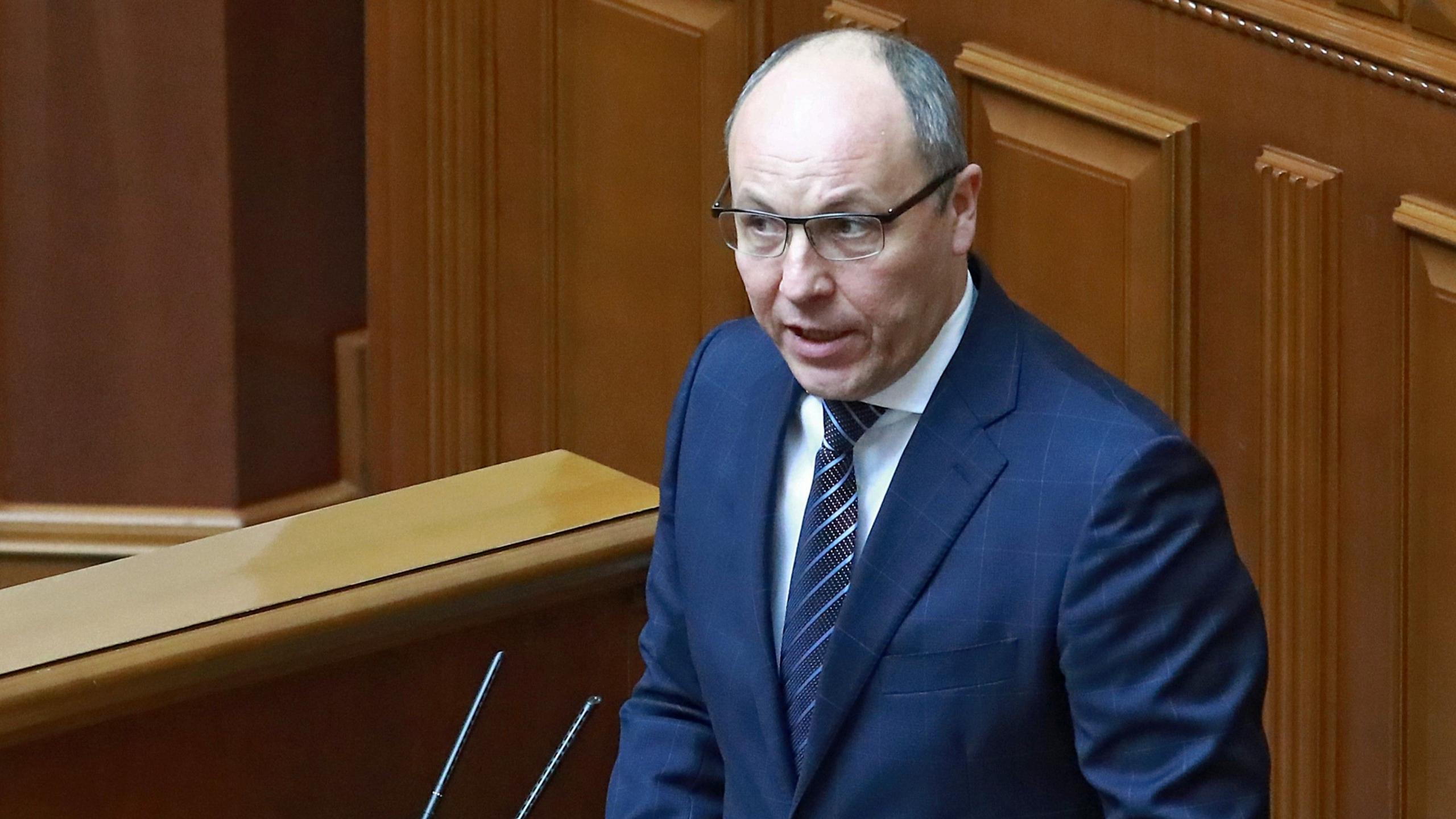 Andriy Parubiy pictured speaking in the Ukrainian parliament.