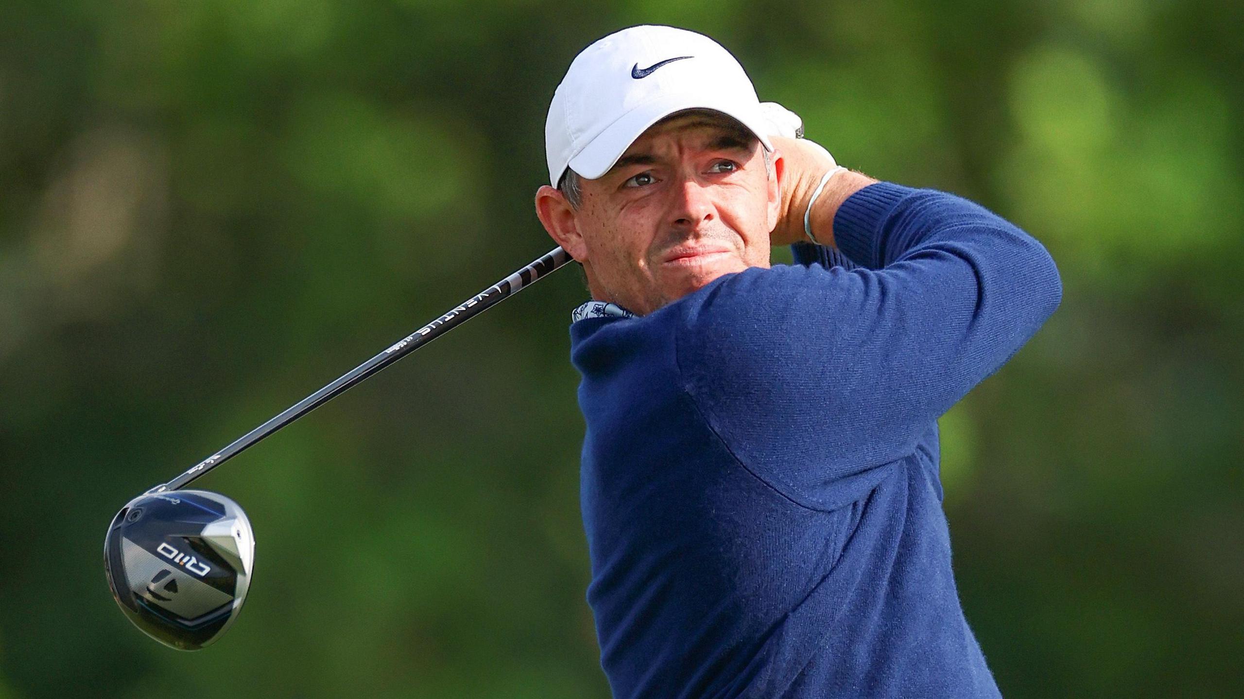 Rory McIlroy hits a tee shot during his US Open practice round