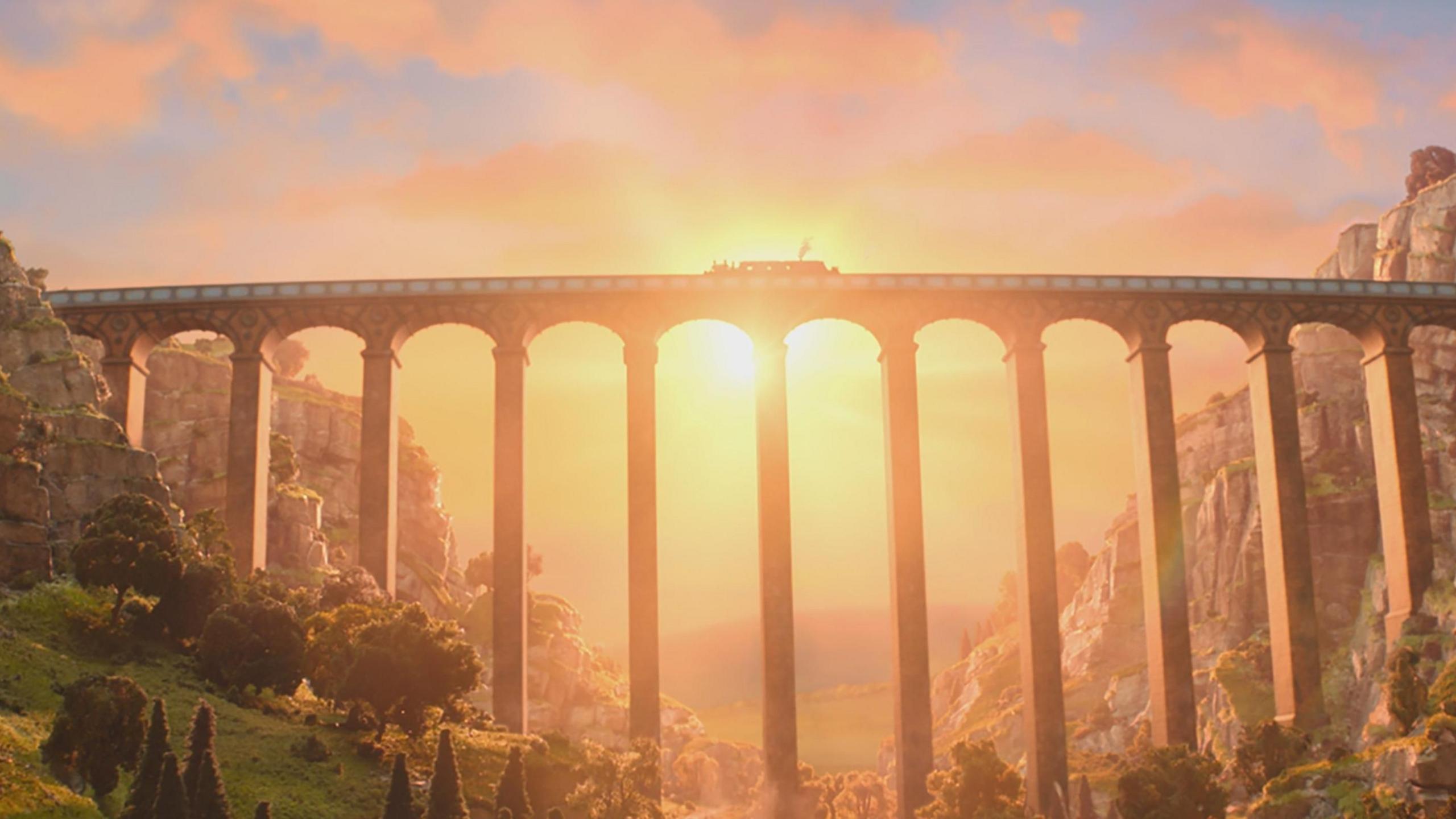 An image from the animated film Wallace and Gromit: Vengeance Most Fowl of a canal boat crossing a very high aqueduct with the setting sun behind it