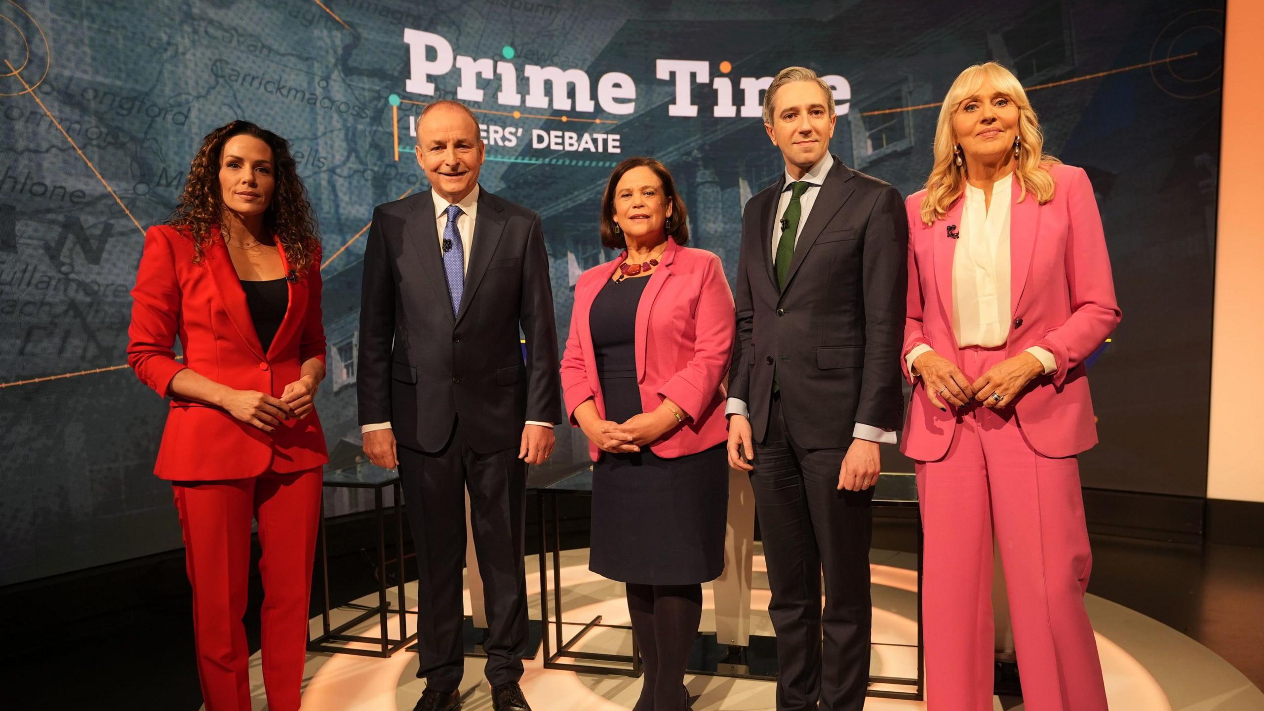 Tanaiste and Fianna Fail Leader Micheal Martin, Sinn Fein leader Mary Lou McDonald and Taoiseach and Fine Gael leader Simon Harris with presenters Miriam O'Callaghan (right) and Sarah McInerney during the final TV leaders' debate, at RTE studios in Donnybrook, Dublin, ahead of the General Election on November 29. Picture date: Tuesday November 26, 2024. PA Photo.