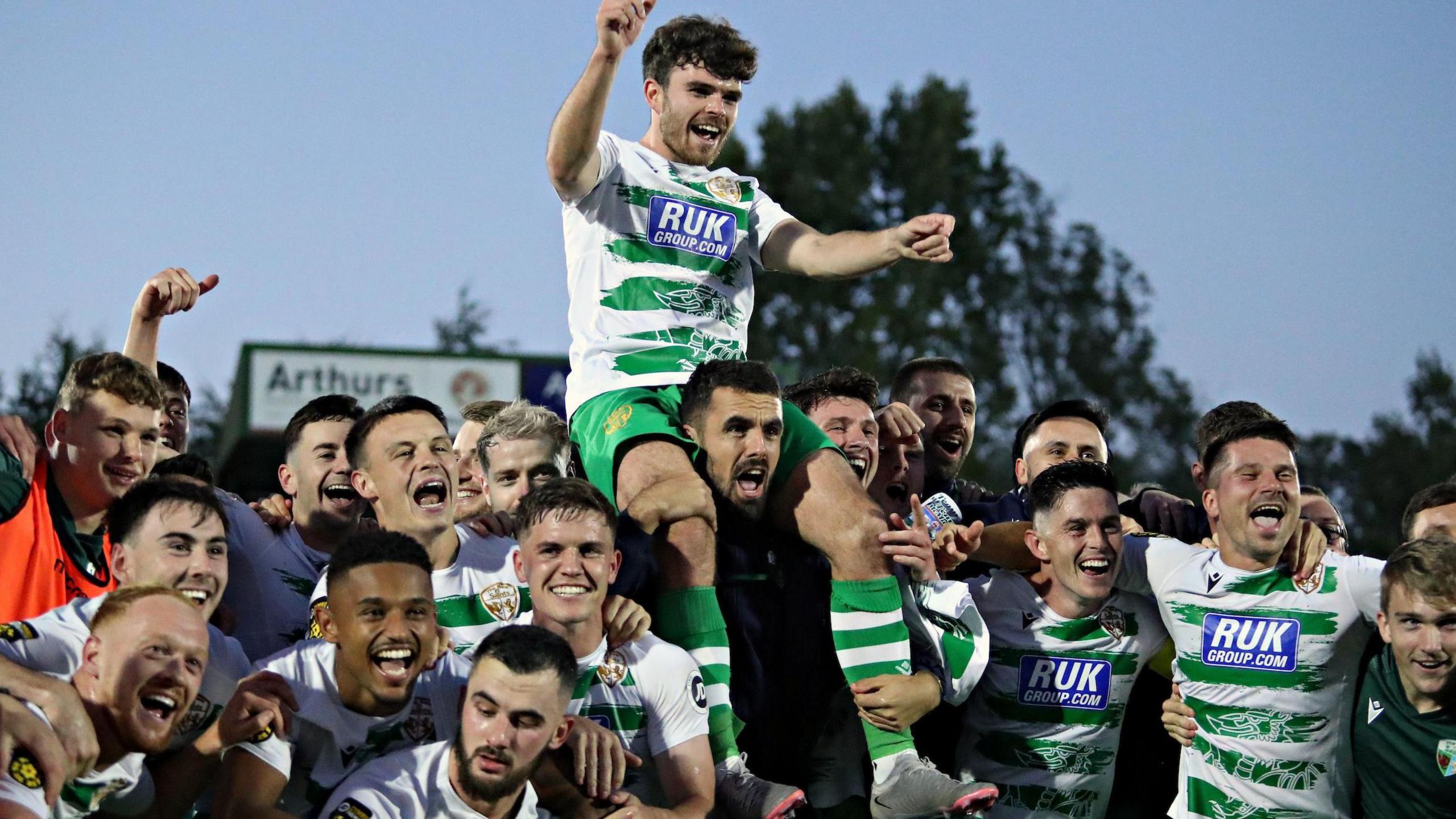 New Saints players celebrates after securing qualification for the Europa Conference League group stages