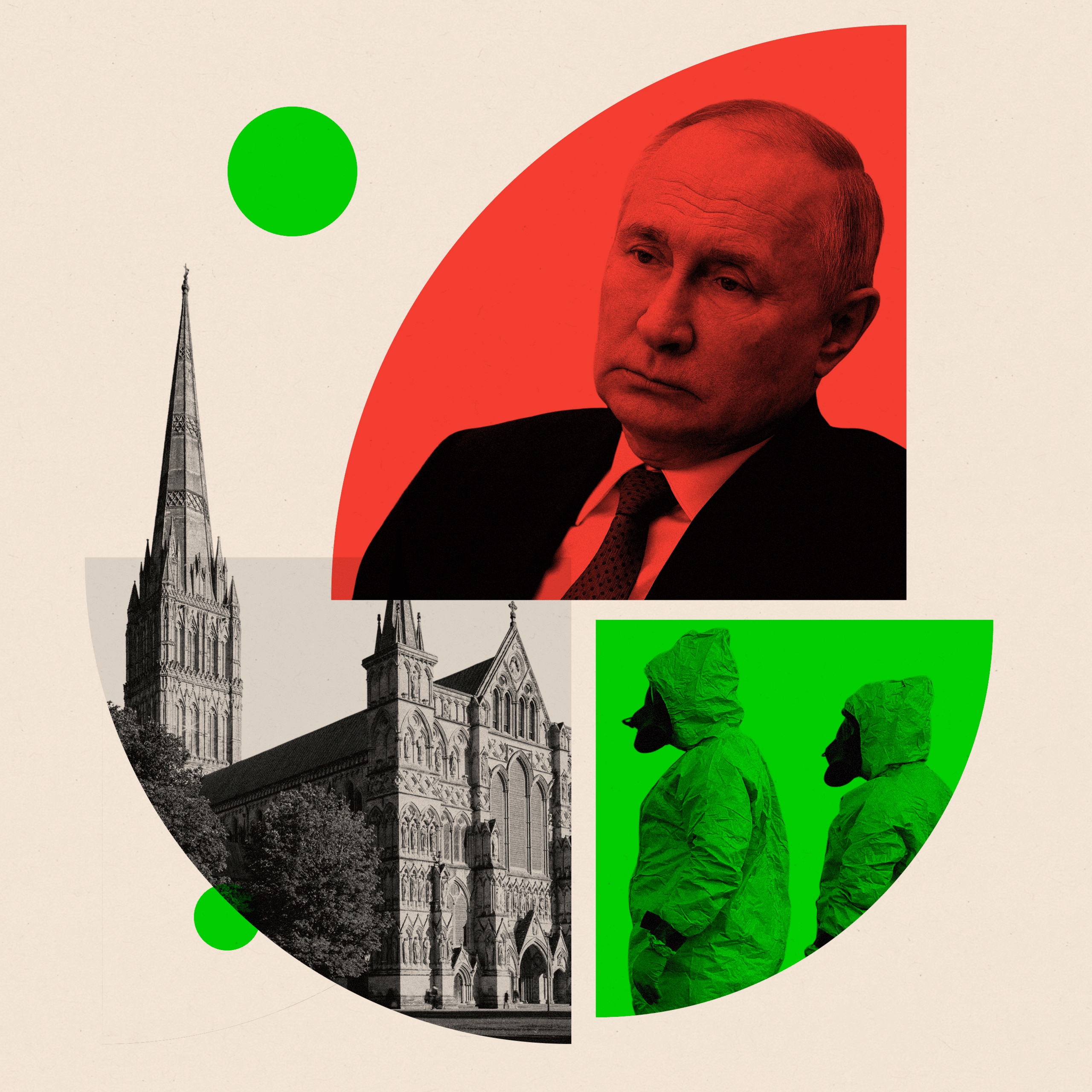 A montage image featuring Putin, Salisbury Cathedral and two people in PPE