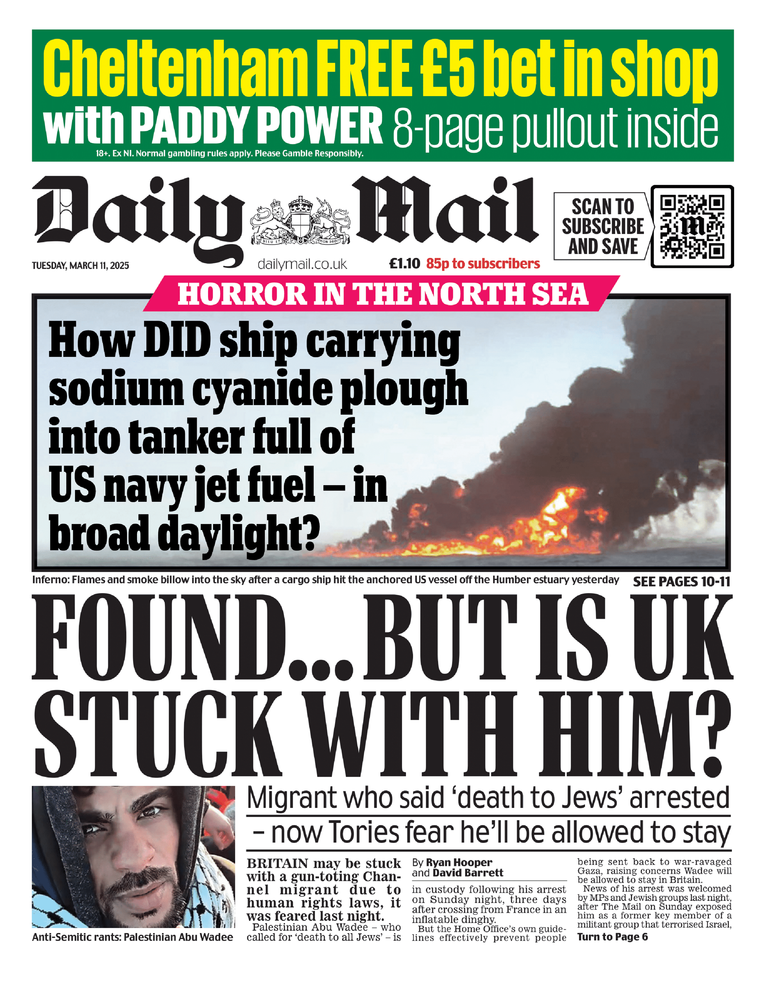 The headline on the front page of the Daily Mail reads: How did ship carrying sodium cyanide plough into tanker full of US navy jet fuel - in broad daylight?