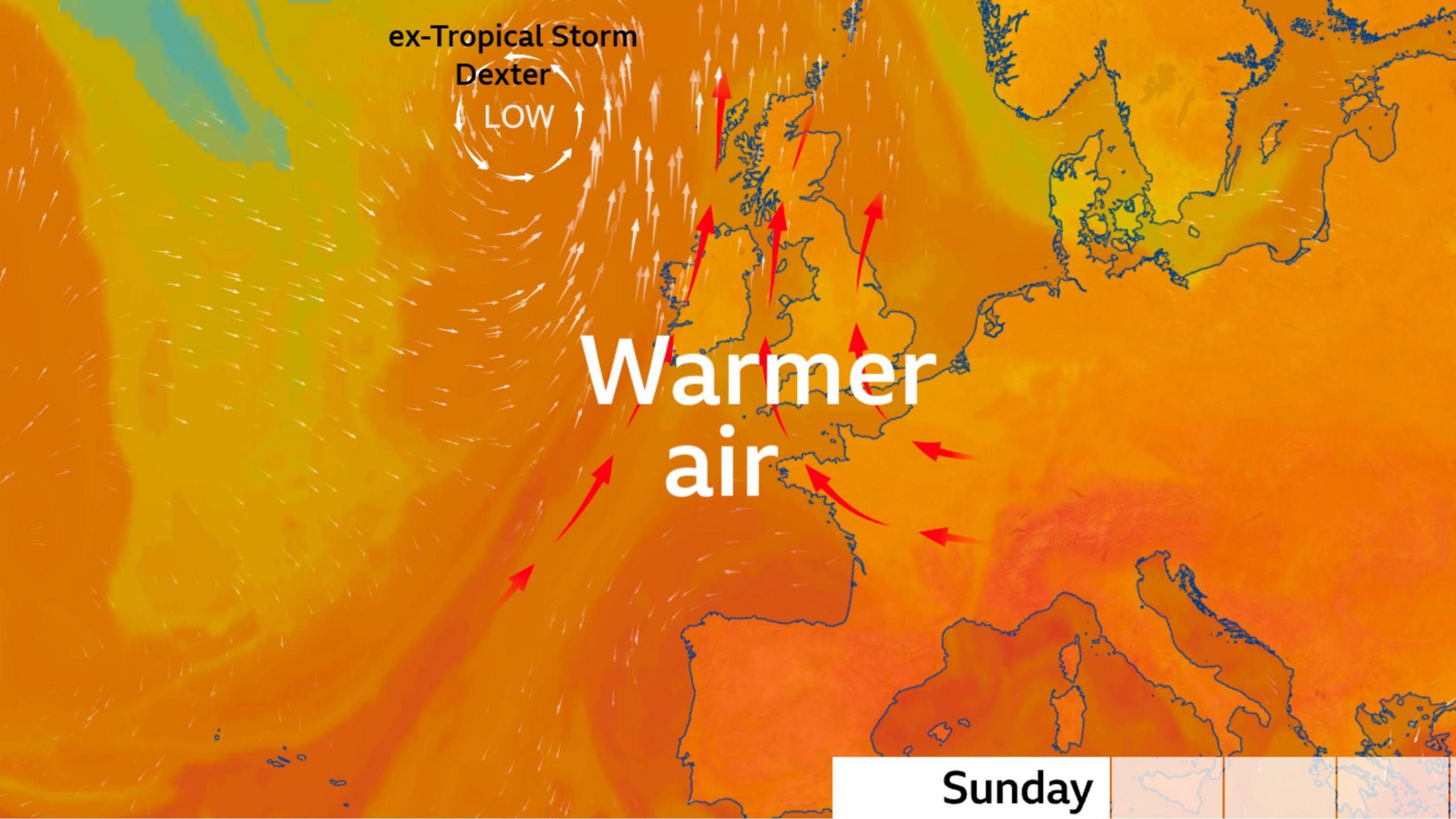 Map shows plume of warmer air move up from the south, with ex-Tropical Storm Dexter to the west of northern Scotland on Sunday