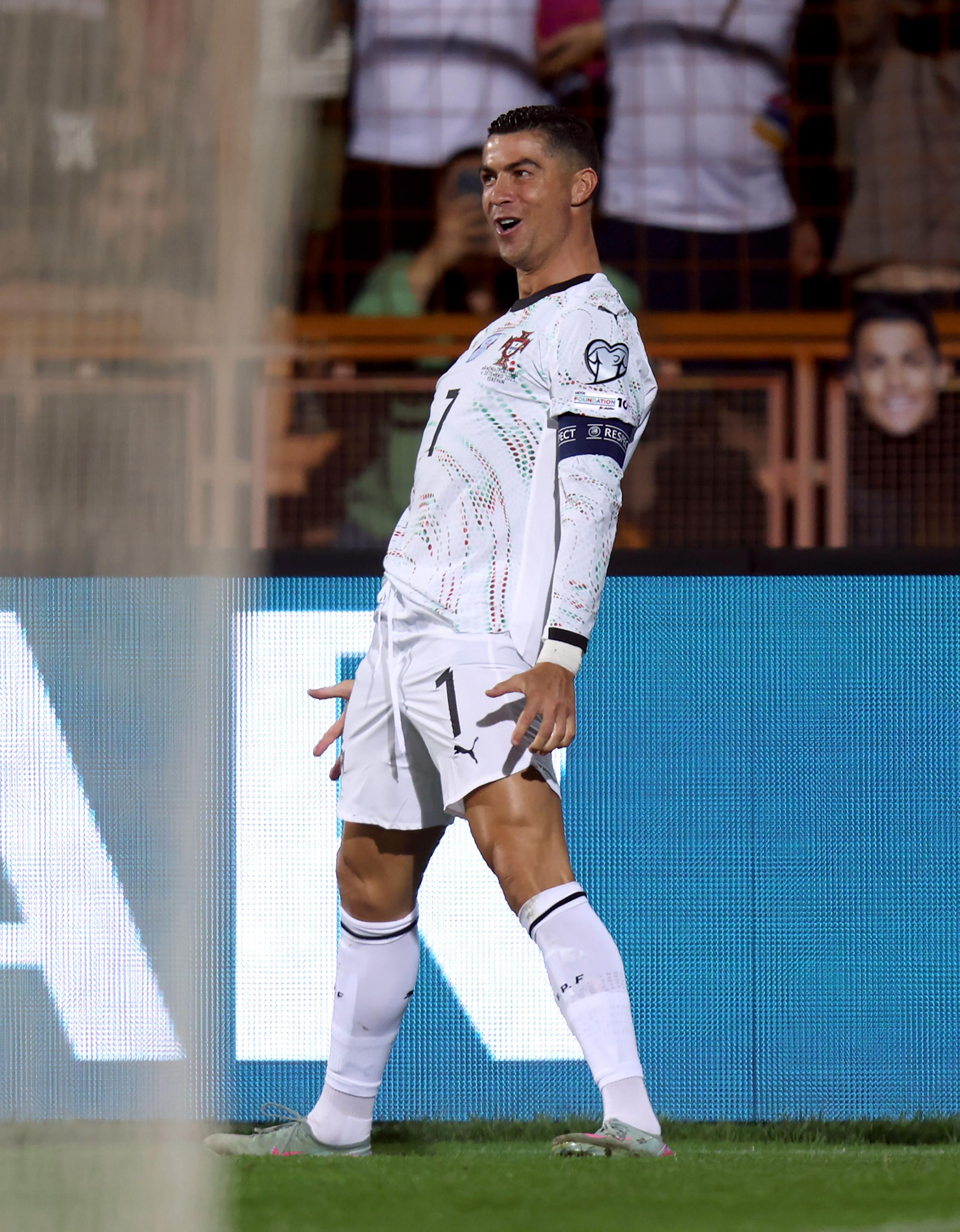 Portugal's Cristiano Ronaldo celebrates scoring his team's fourth goal during the FIFA World Cup 2026 qualifier match between Armenia and Portugal at Vazgen Sargsyan Republican Stadium in Yerevan, Armenia. Photo by Denis Tyrin