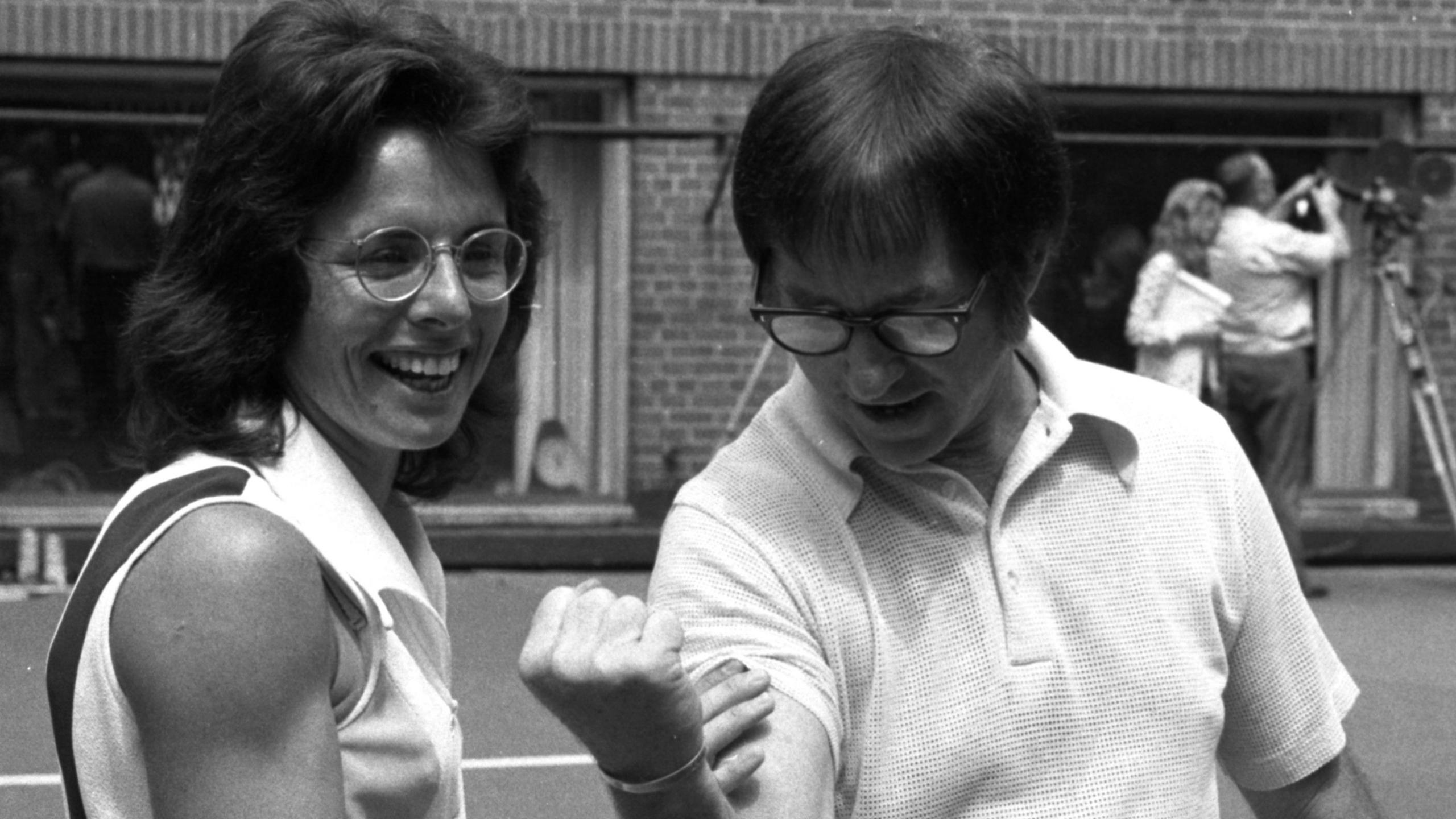 Billie Jean King and Bobby Riggs at a media session before the Battle of the Sexes on 20 September, 1973