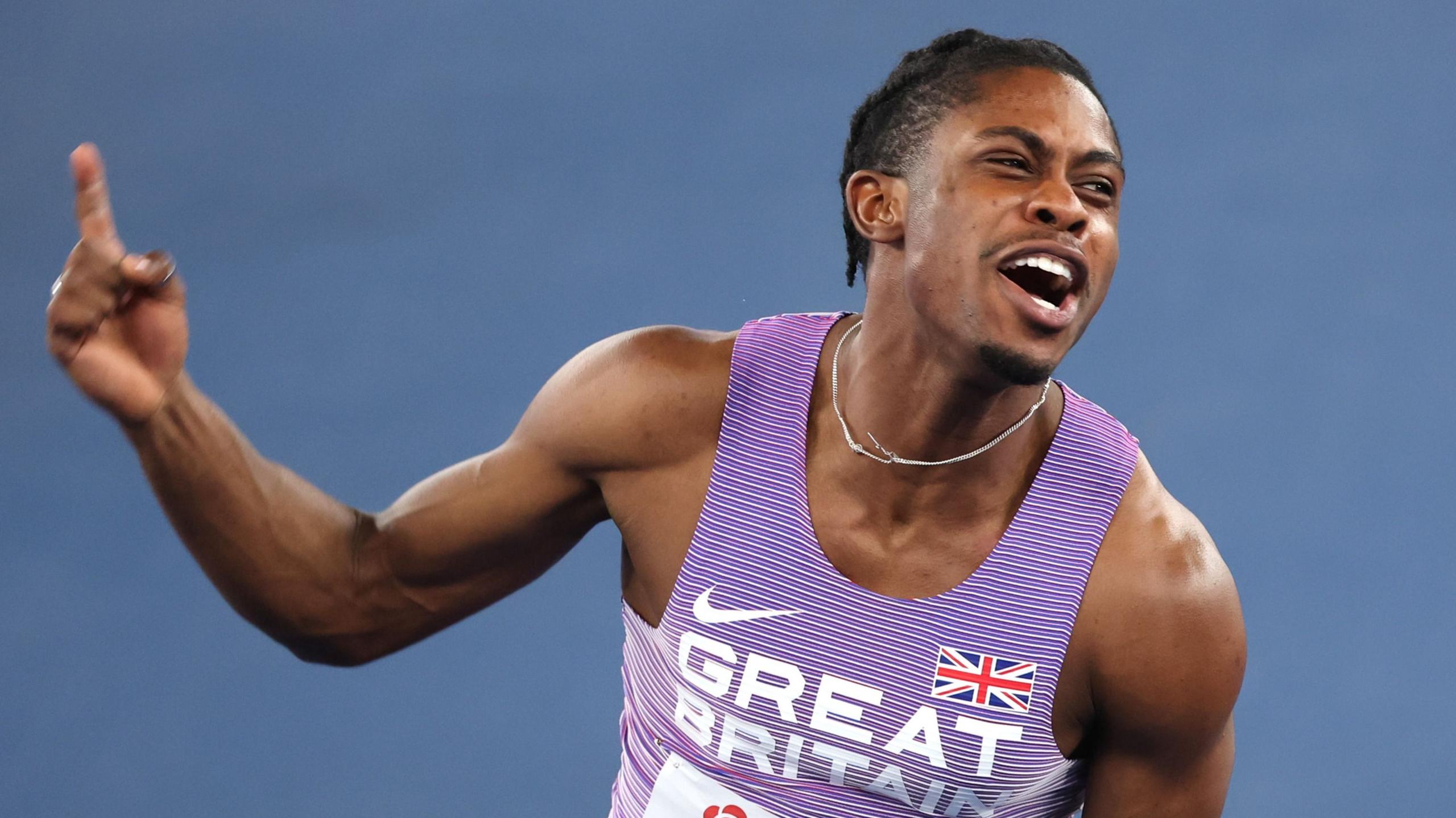 60m world indoor champion Jeremiah Azu celebrating