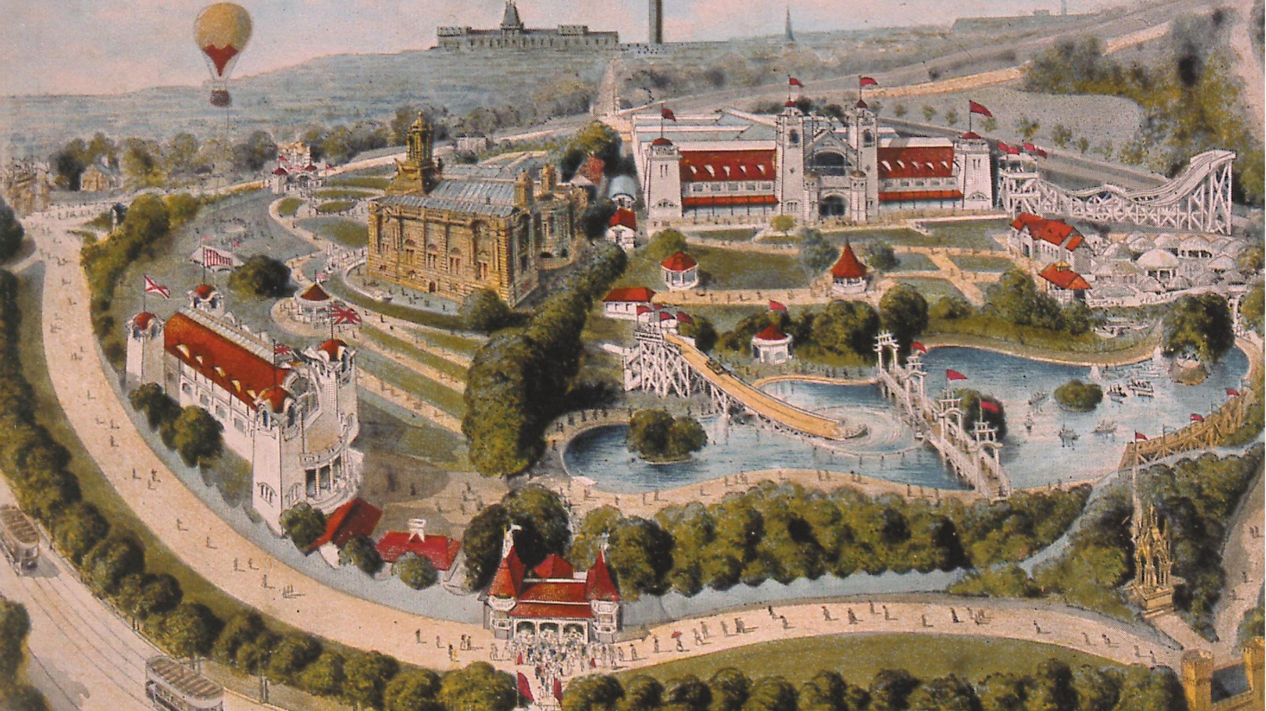 A postcard image (sketched) shows in detail many of the features and attractions of a huge exhibition event in a large park. Union flags fly atop many of the buildings, and there are people milling about, walking by the riverside and on paths. A large water slide can be seen in the centre of the picture.