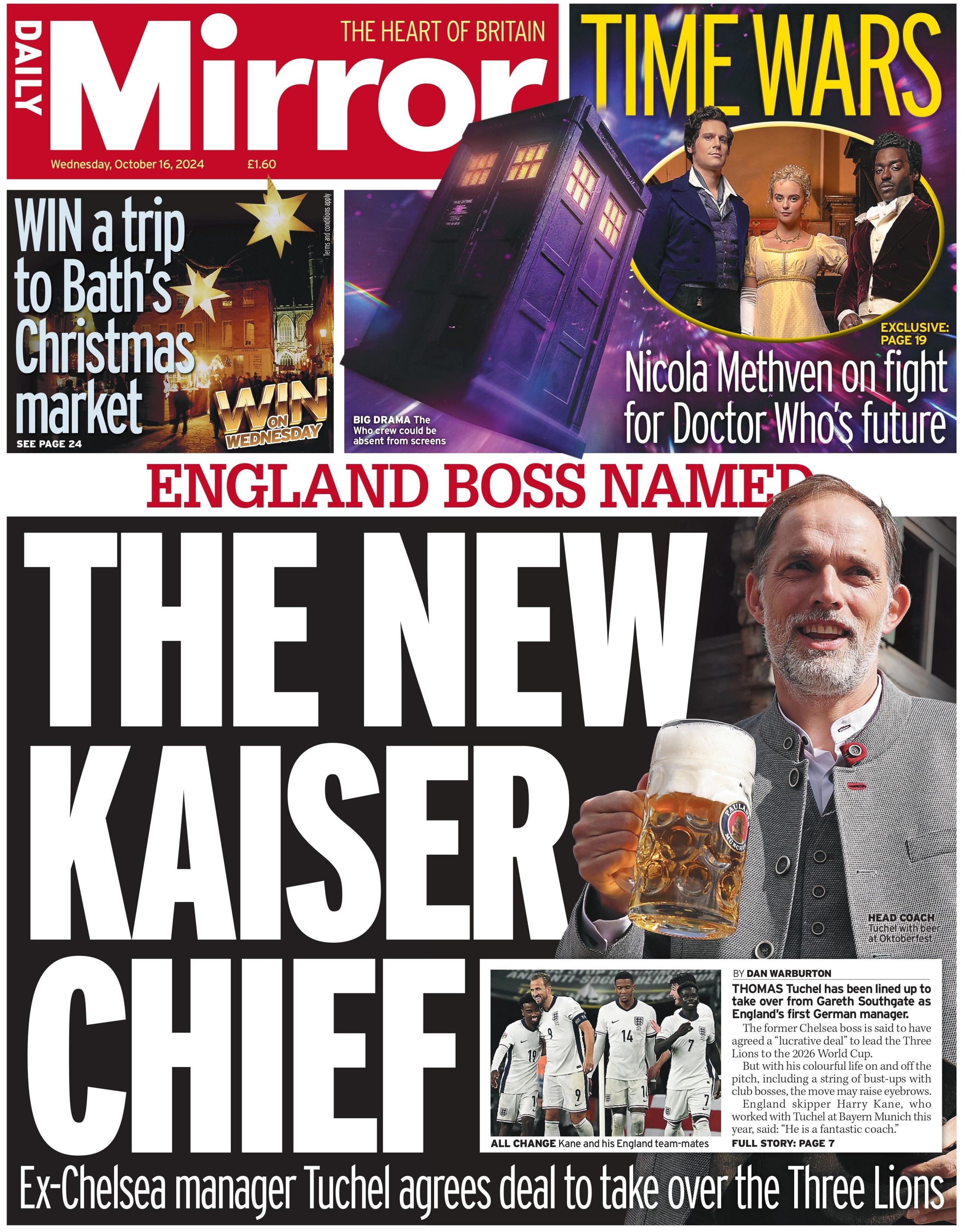 The Mirror features the headline "the new Kaiser Chief" with a picture of Thomas Tuchel