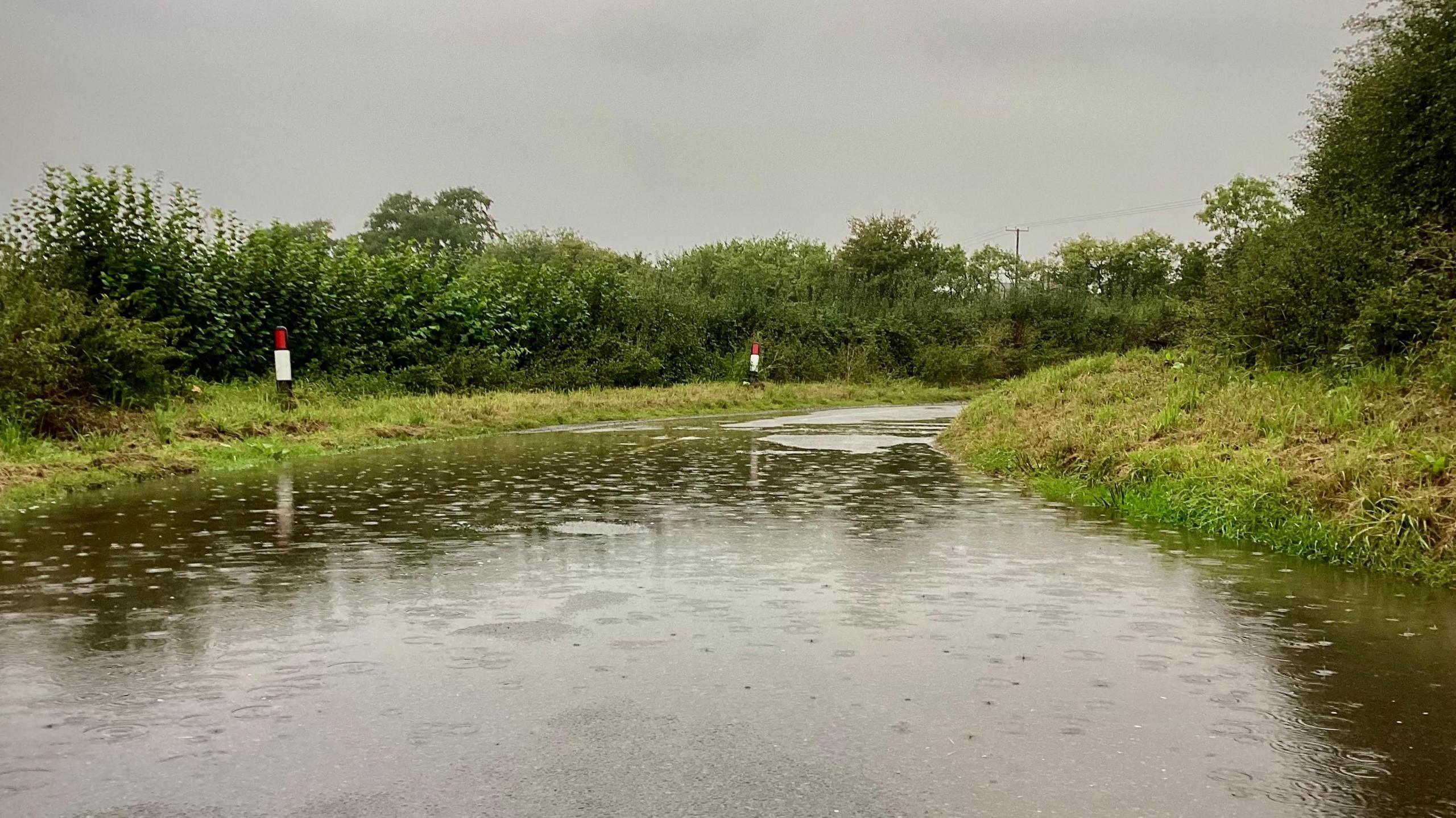 Flooded single track road with a grass verge and some hedges. Some raindrops visible in the puddles with a grey sky