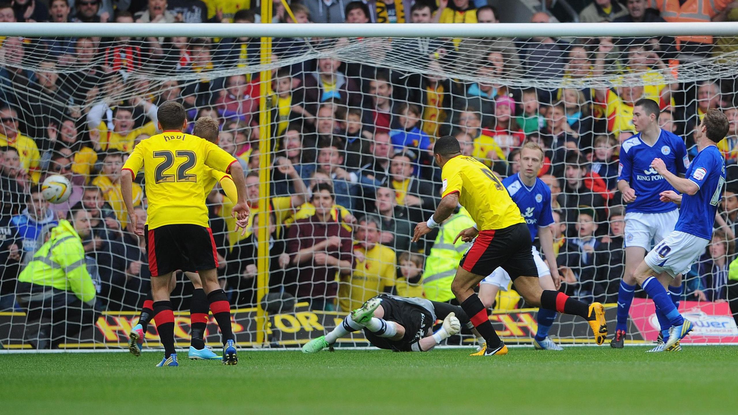 Troy Deeney scores the winning goal against Leicester City in the play-off semi-final, second leg in 2013