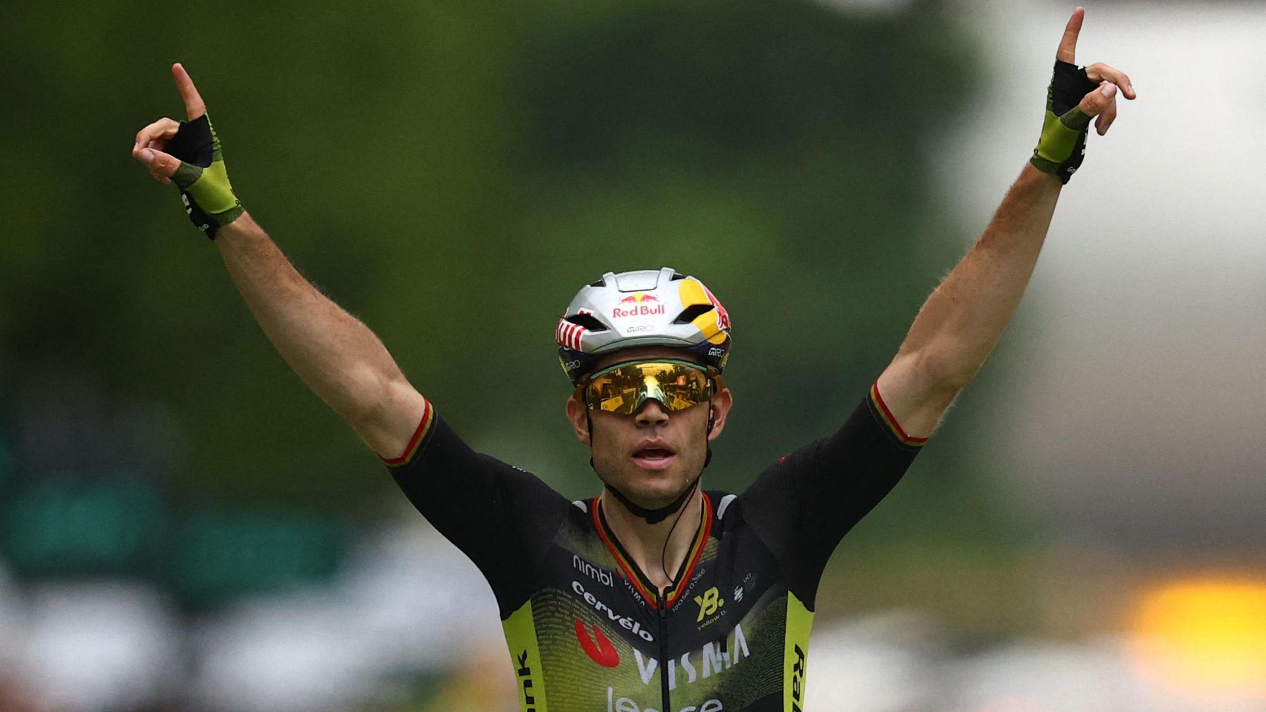 Wout van Aert celebrates winning the final stage of the 2025 Tour de France