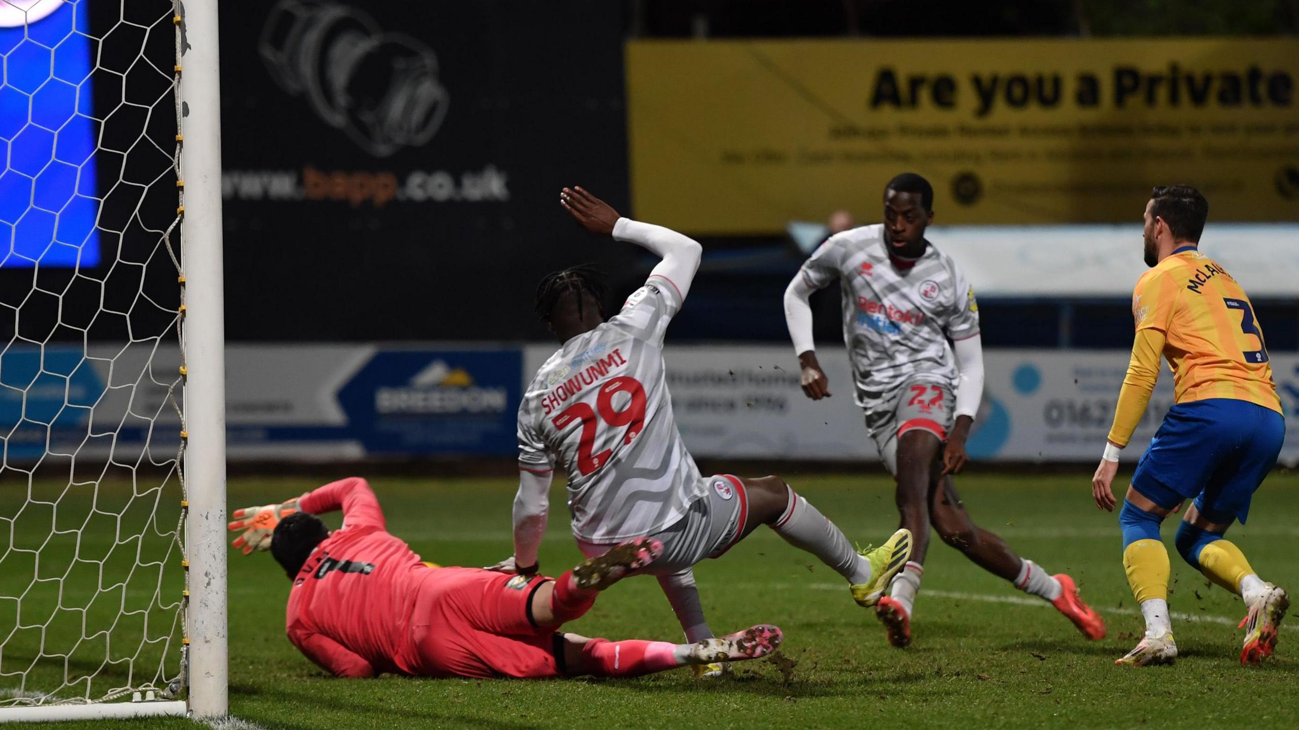 Crawley's Ade Adeyemo scores against Mansfield