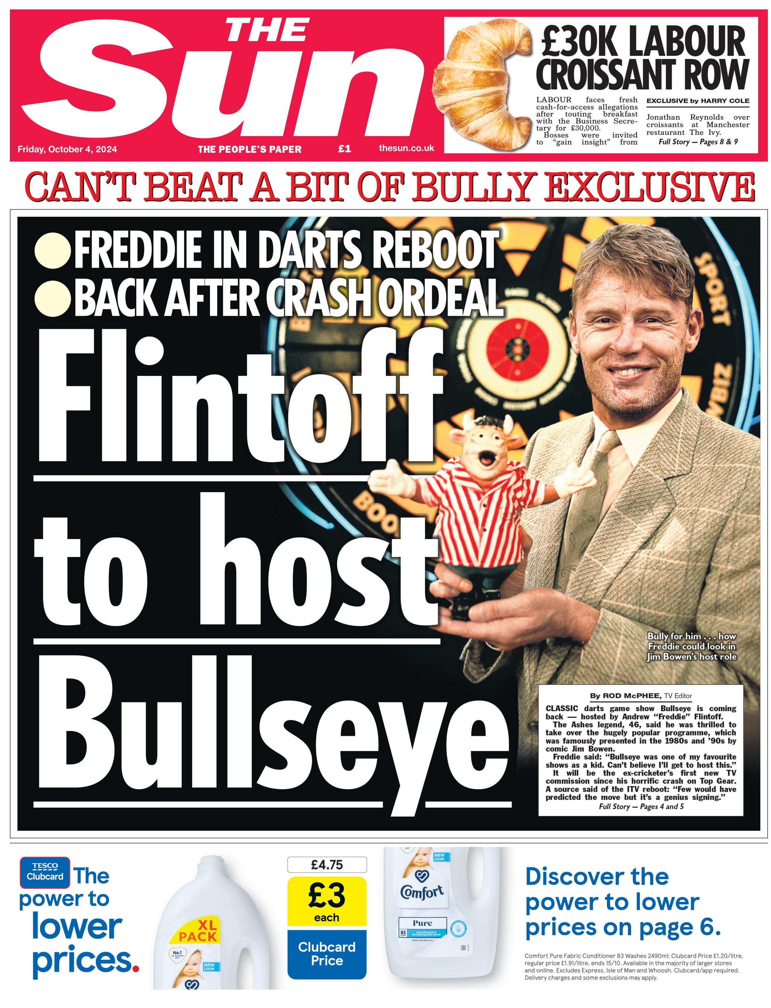 Andrew Flintoff is to host darts gameshow Bullseye, says The Sun, leading with a photo of the former England cricketer. It will be his first new TV commission since he was hospitalised following a crash on Top Gear, the paper reports. 