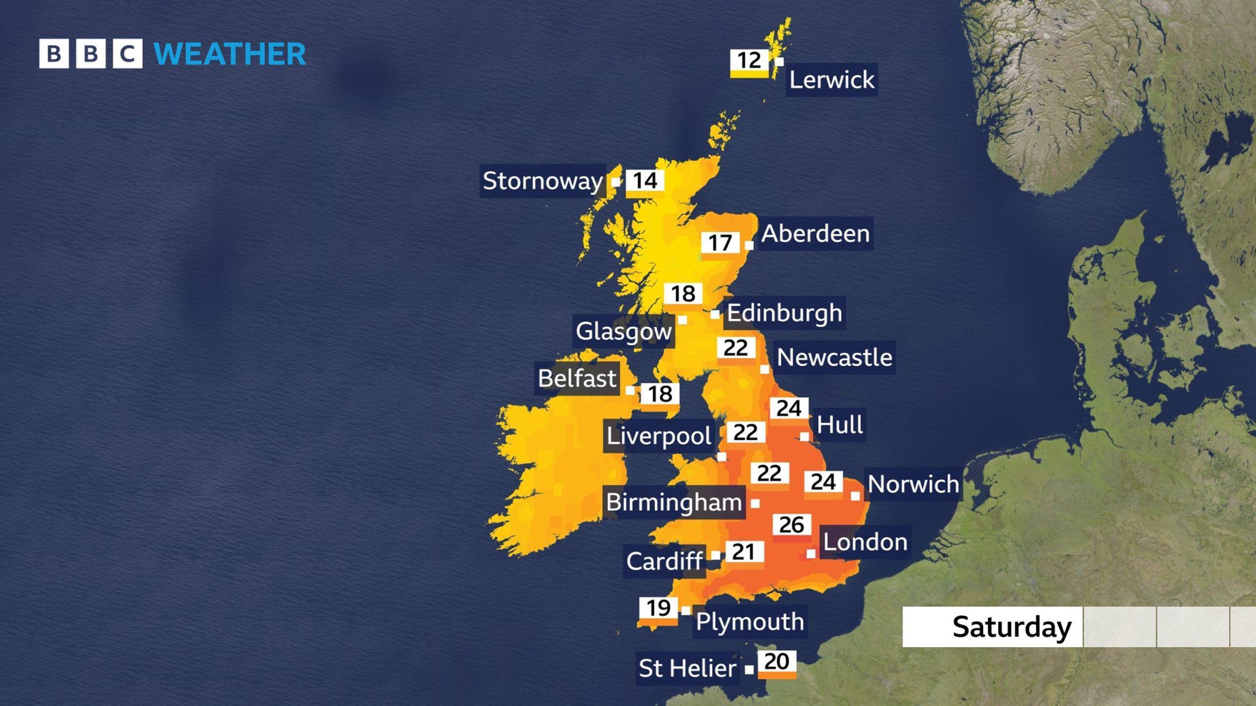 A map of forecast temperatures across the UK on Saturday
