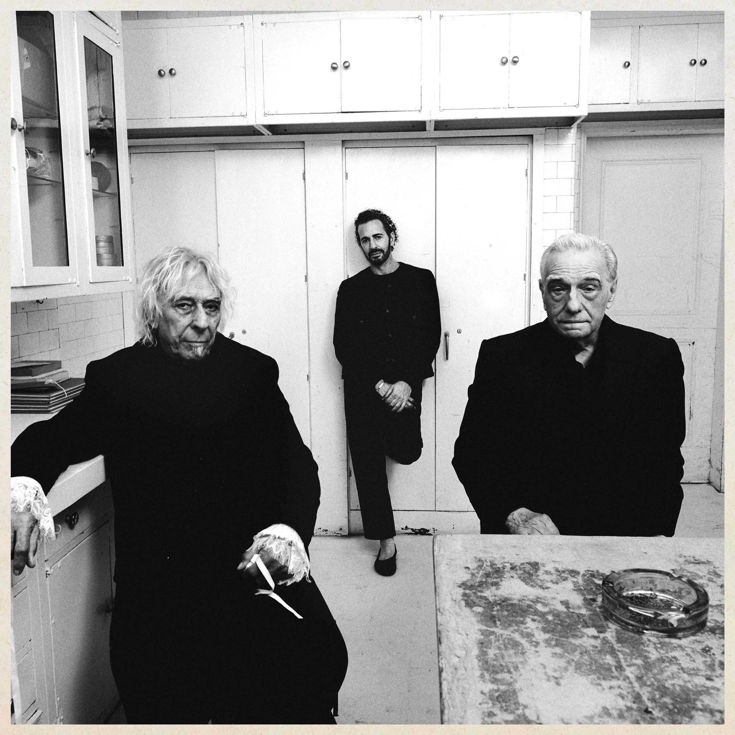 Black and white photo of John Cale, Marc Jacobs and Martin Scorcese 
