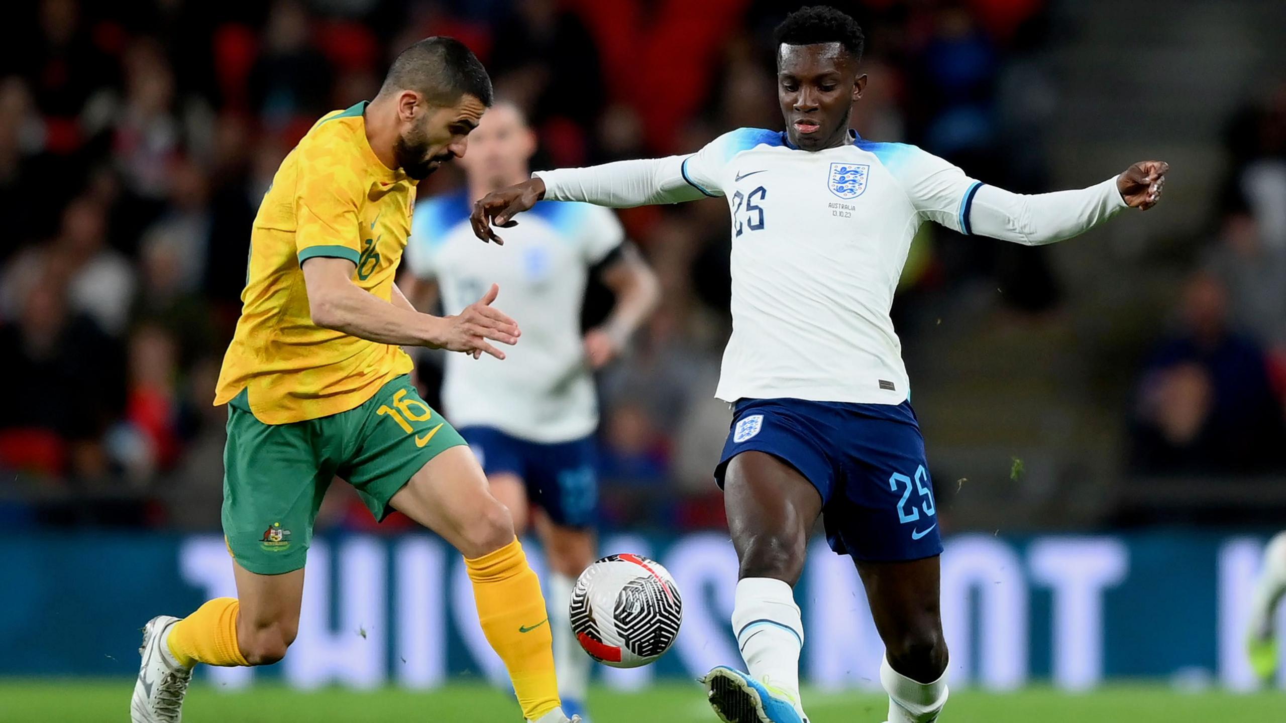 Eddie Nketiah in action against Australia at Wembley during his only England appearance. 