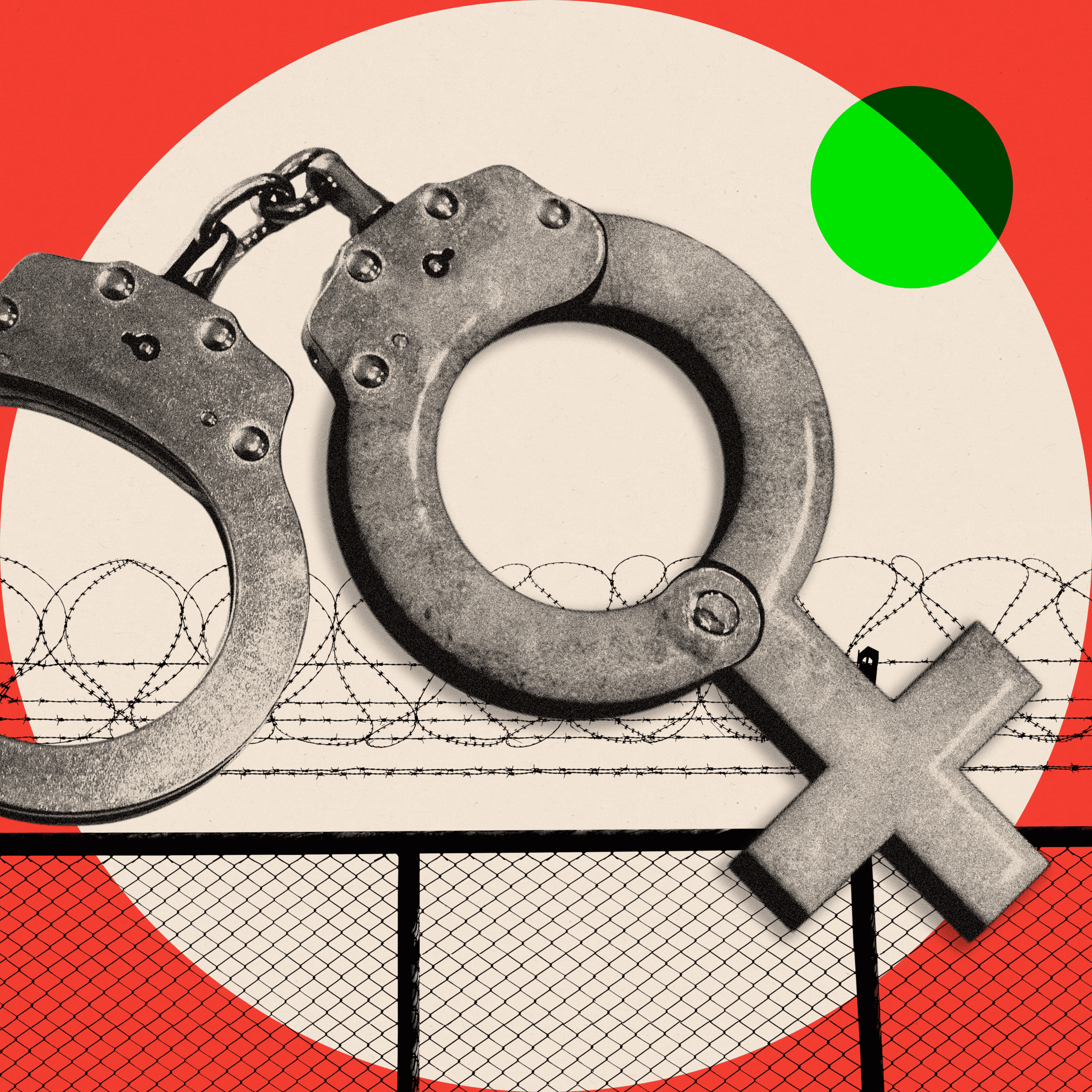 Montage image of handcuffs with one in the shape as the gender symbol for females