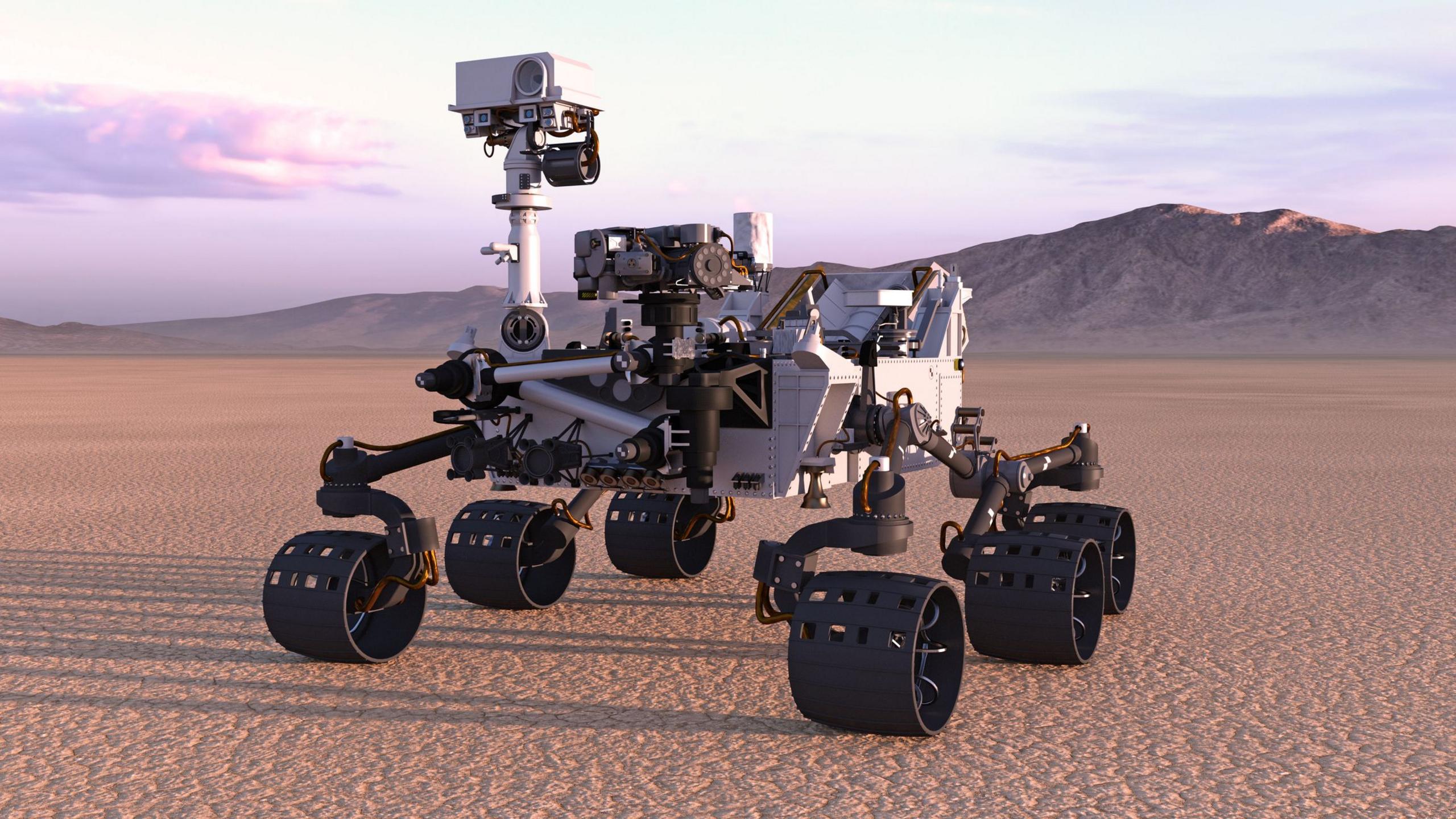 Mars Rover, robotic space autonomous vehicle on a deserted planet with mountains in background,