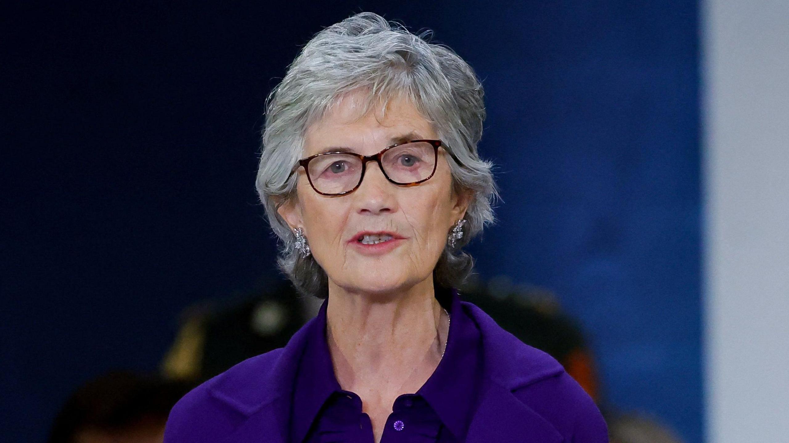Irish President Catherine Connolly shaking hands with Northern Ireland leaders outside Stormont Castle during her official visit.