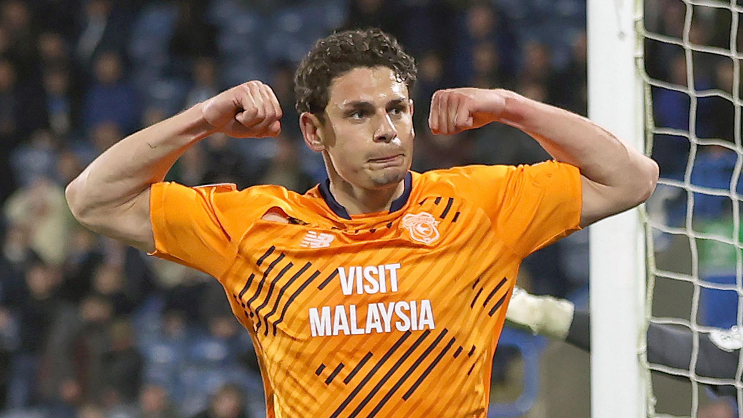 Cardiff City striker Yousef Salech celebrates