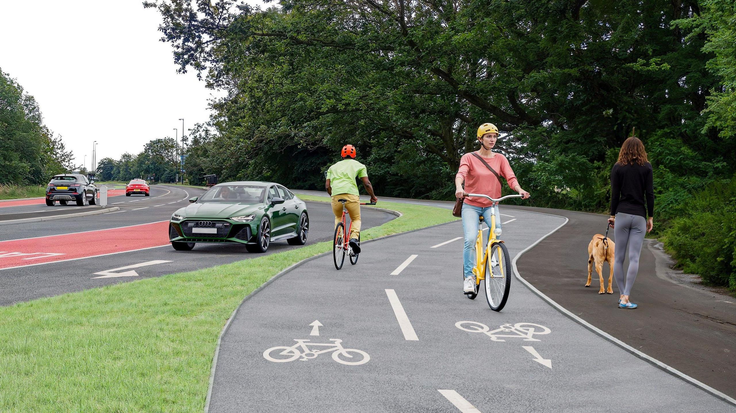 A CGI image of an A road with a separated two-way cycle lane to the right with two cyclists going in wither direction. Further right is a separate footway where a person with long hair is walking a dog. 