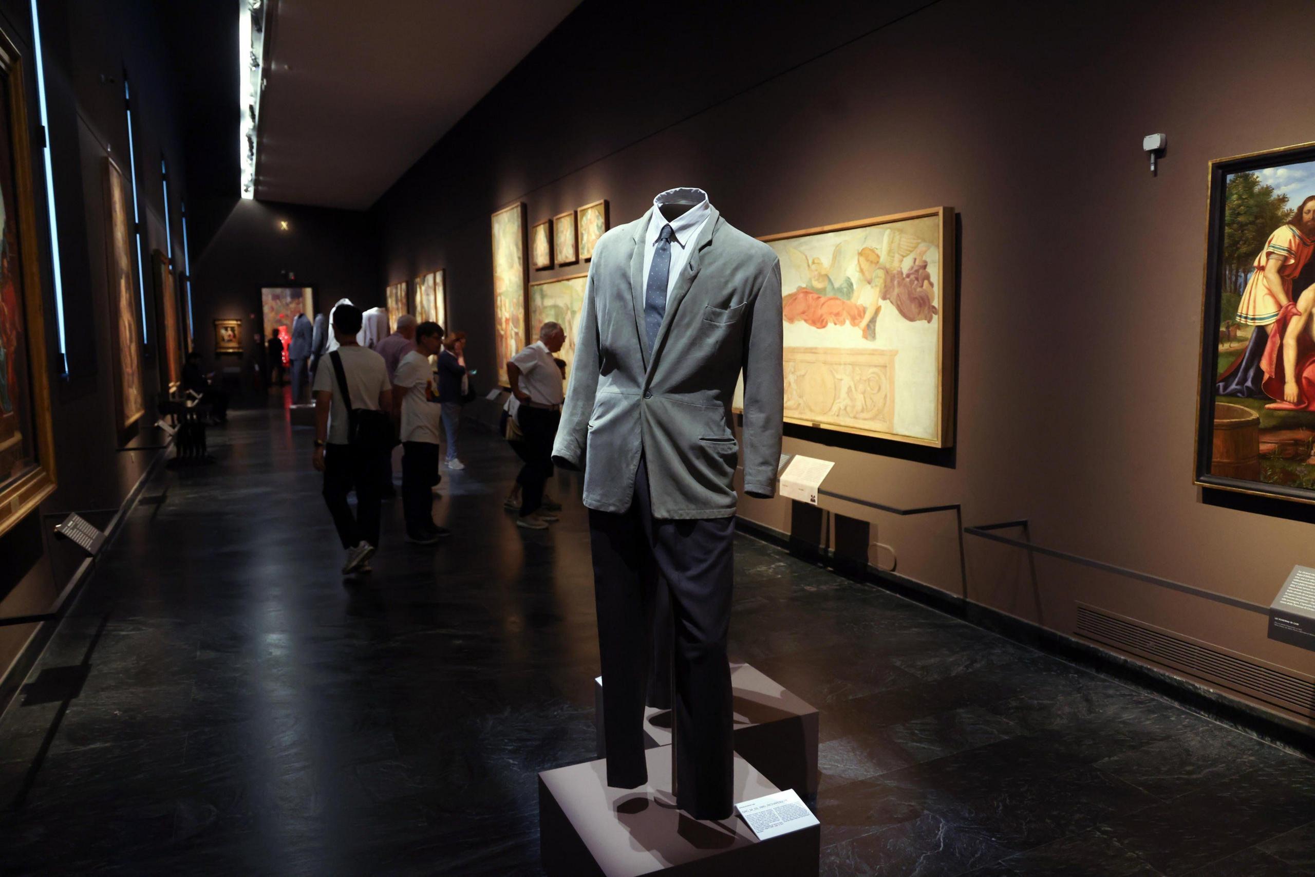 A 1980 suit worn by Richard Gere in the film 'American Gigolo' on display at the exhibition 'Giorgio Armani: Milano, per amore' at the Pinacoteca di Brera in Milan, northern Italy, 24 September 2025.