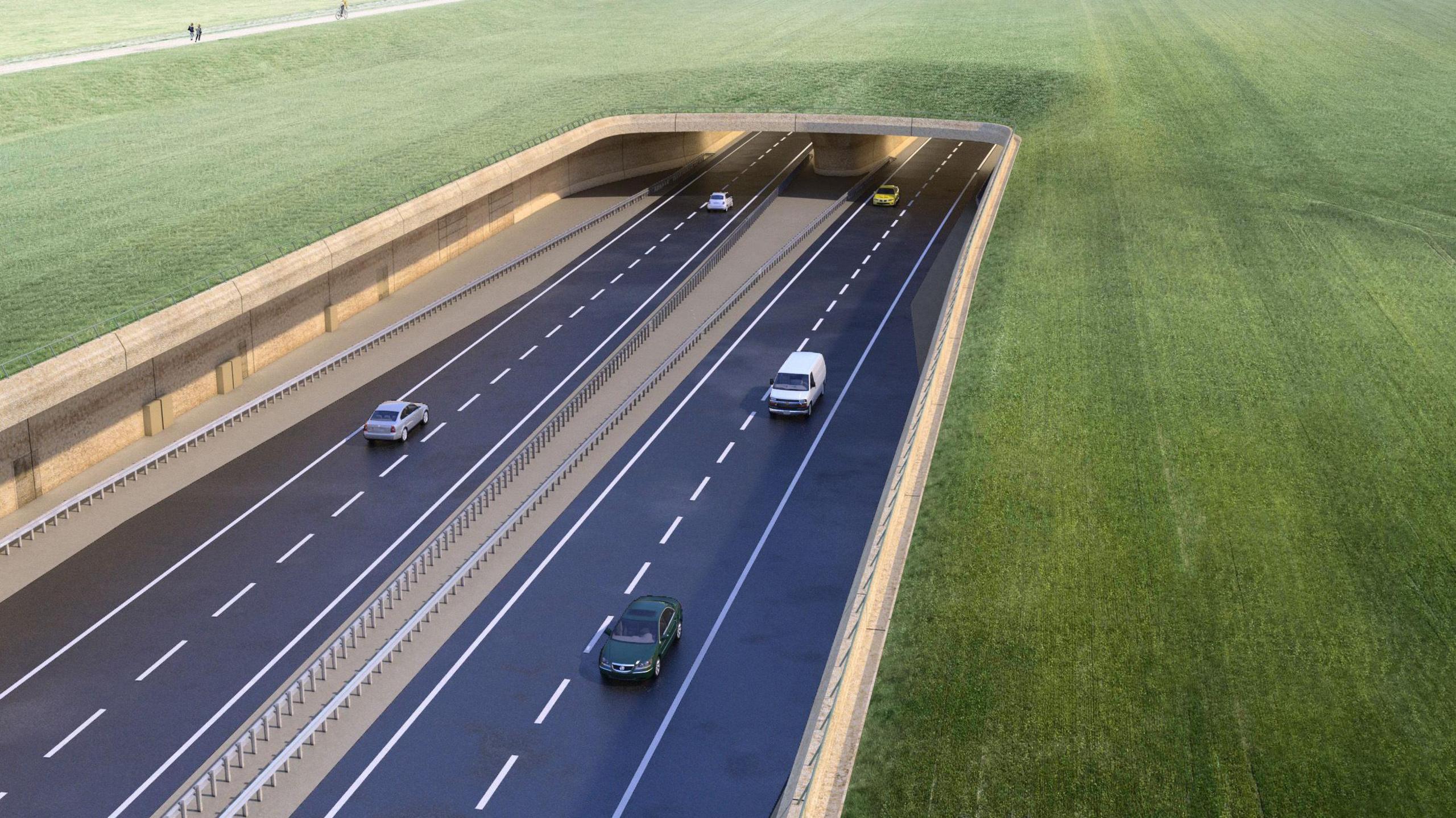 A CGI image of cars driving along a road underneath a tunnel which is covered in grass. 