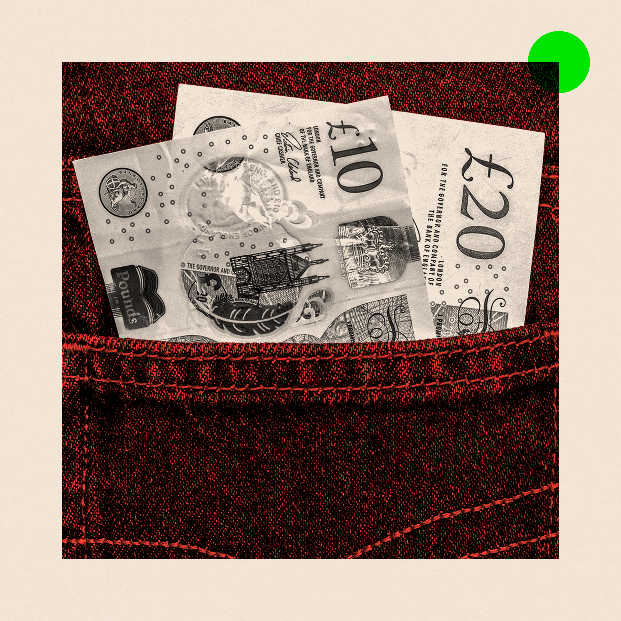 A treated image of a pocket with a £10 note and a £20 note