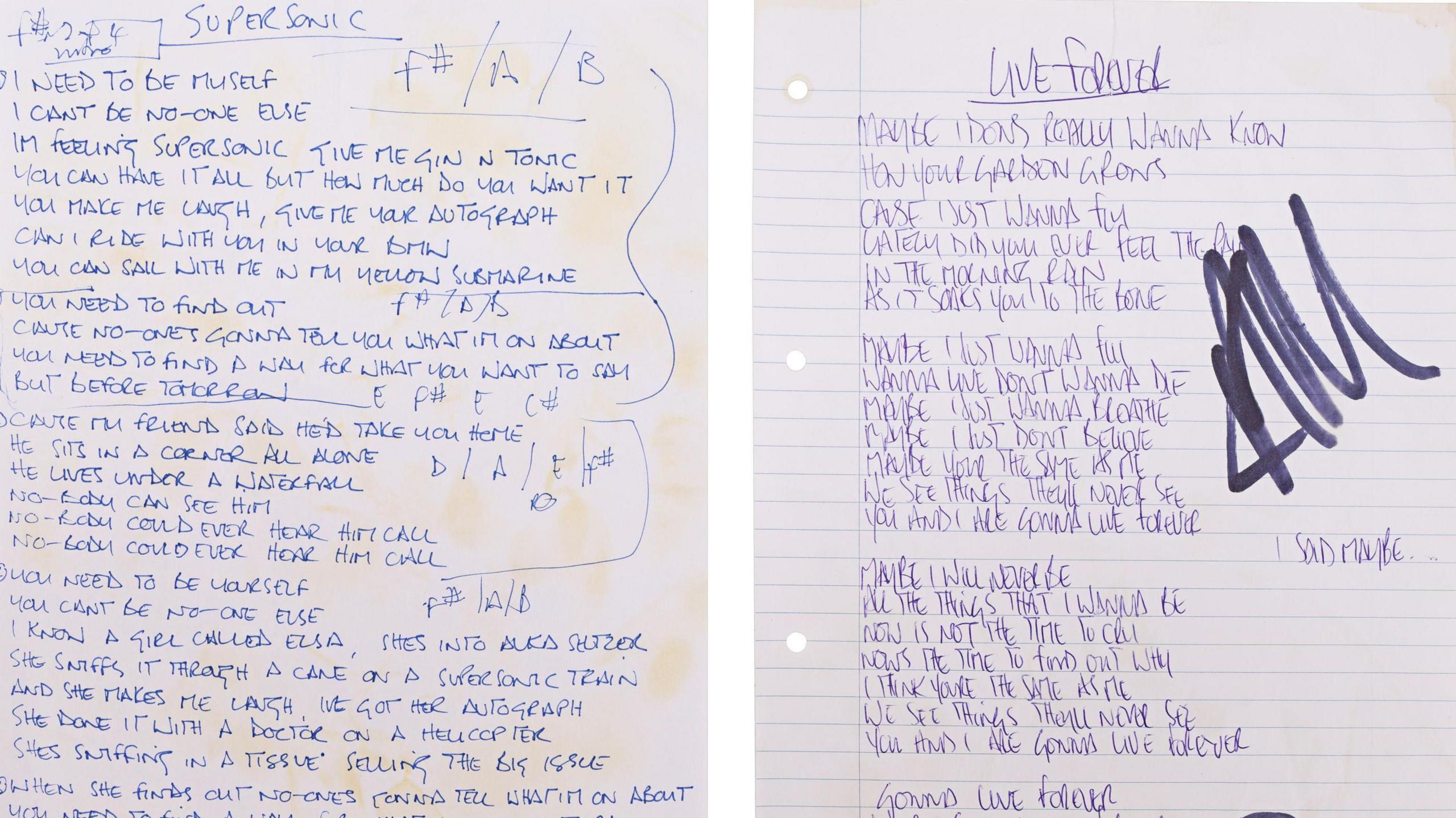 Two sheets of paper side-by-side with handwritten Oasis lyrics for Supersonic and Live Forever