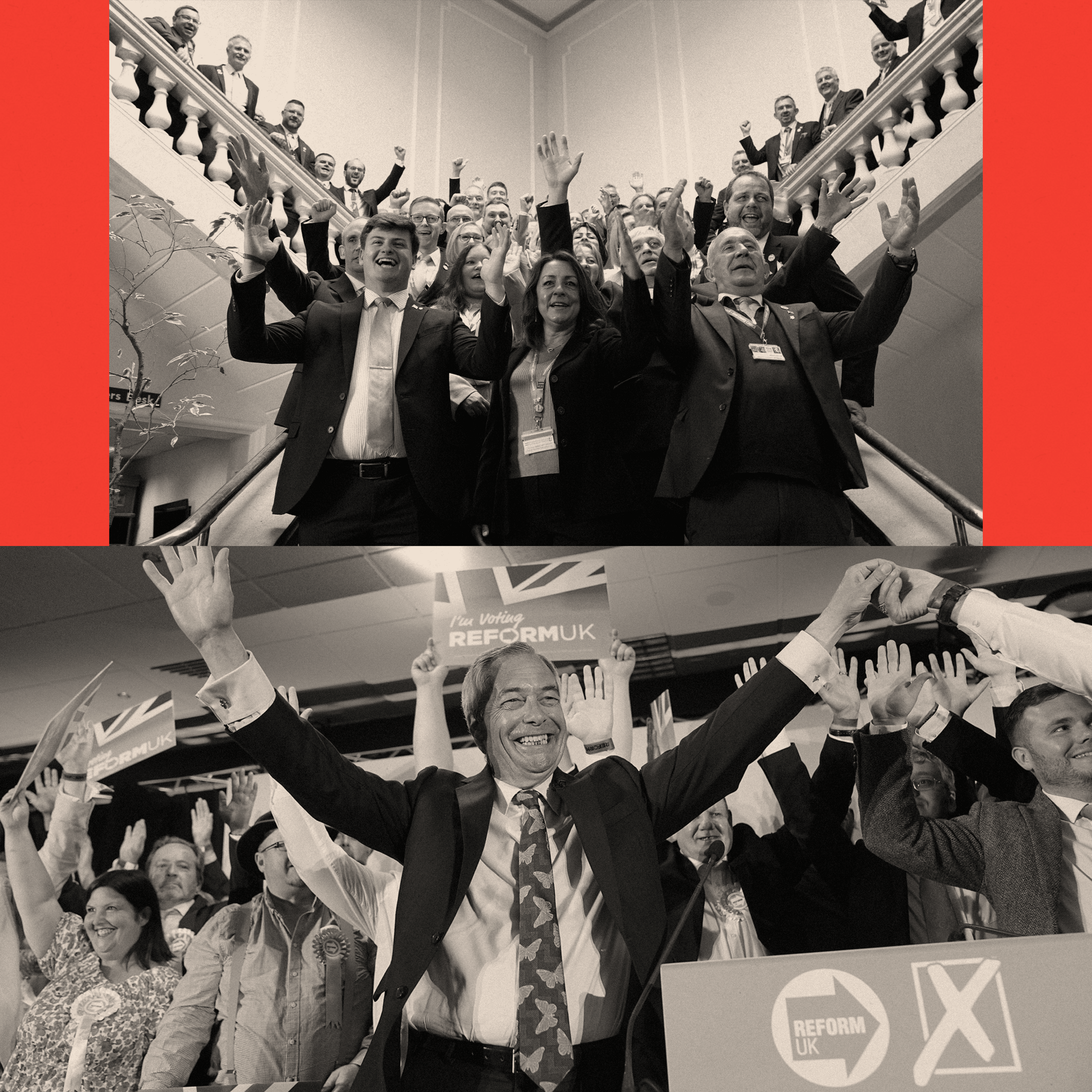 Two treated images: the top showing Reform Cllr Linden Kemkaran (front centre) and the bottom image showing Nigel Farage 
