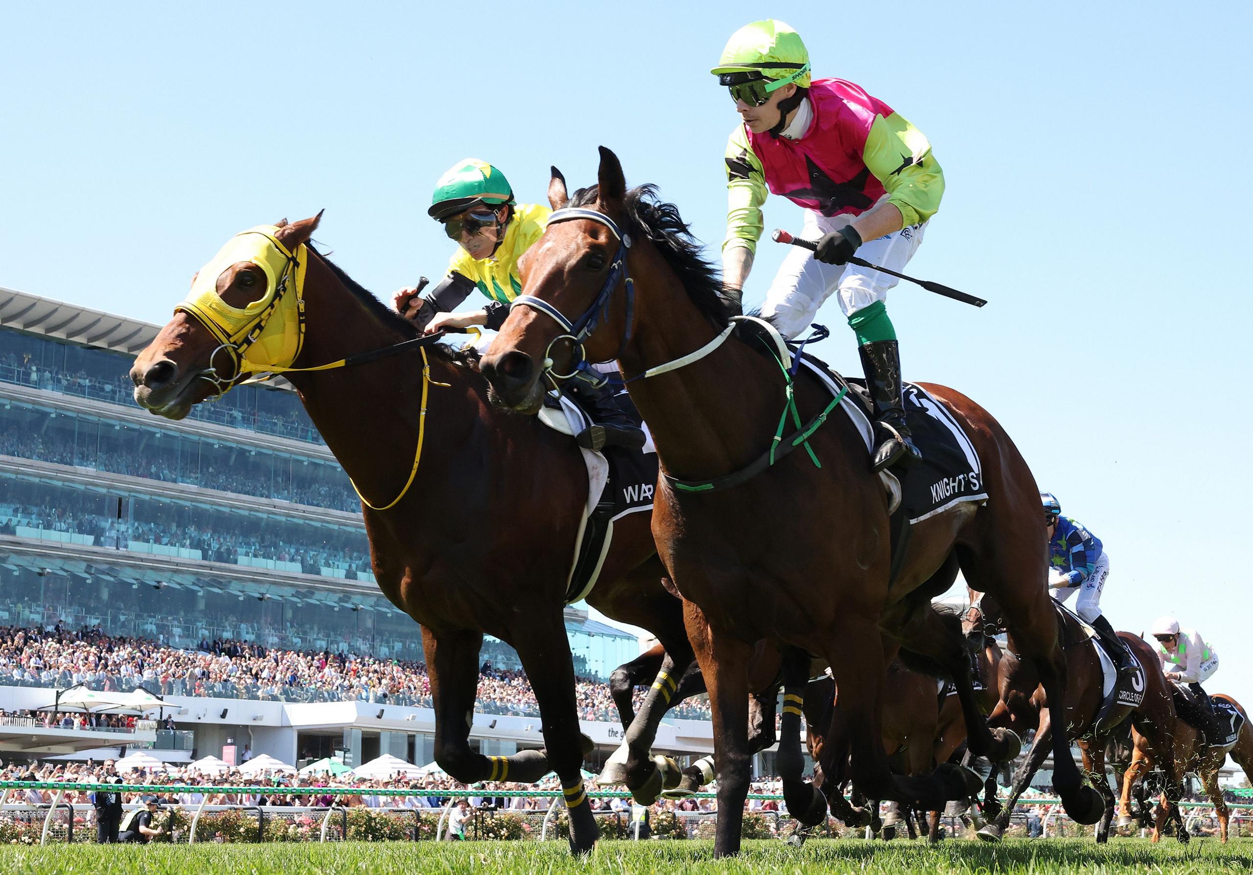 Robbie Dolan rides Knight's Choice to win race seven during Melbourne Cup Day at Flemington Racecourse on 5 November 2024 in Melbourne, Australia.