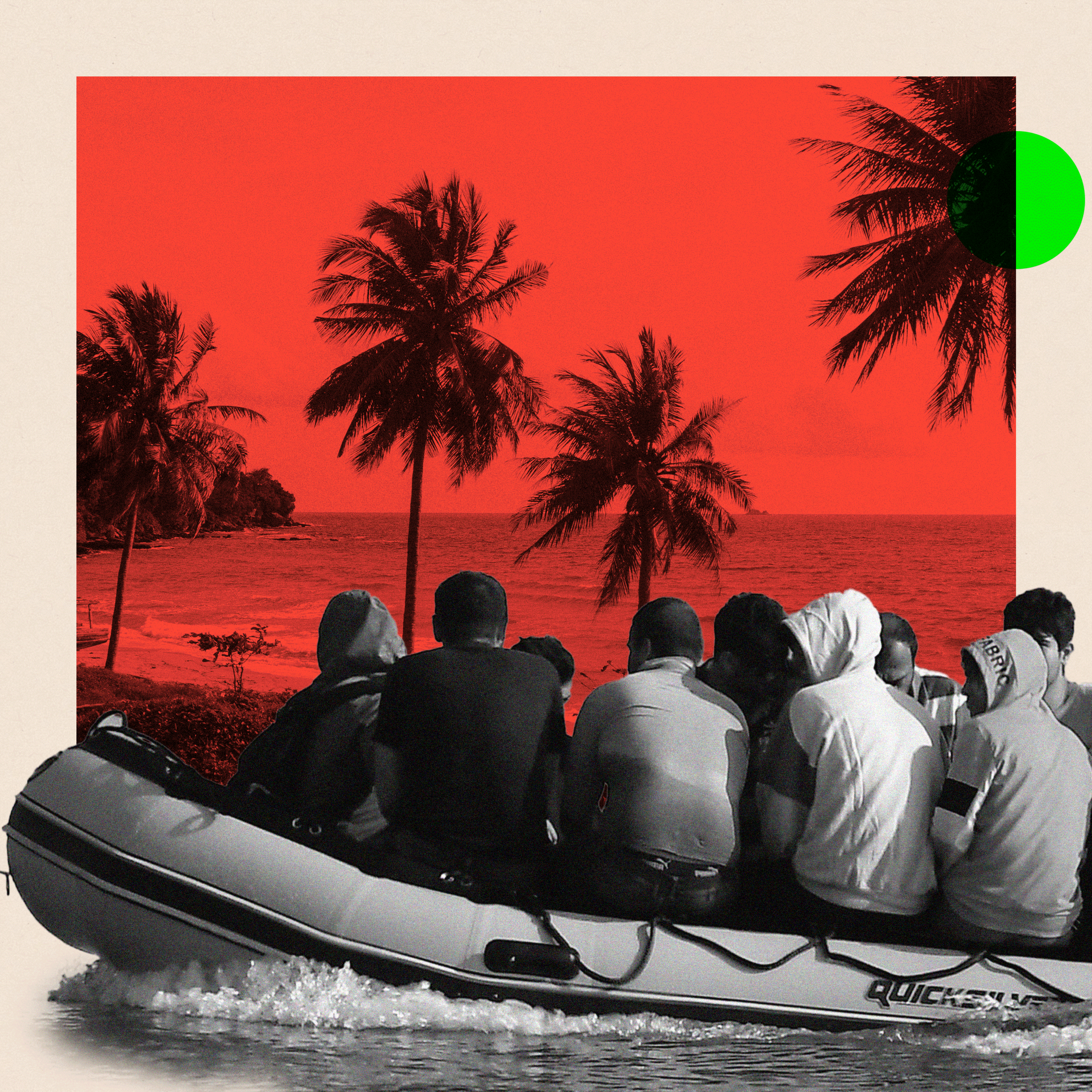 Montage image showing a beach with trees in the background, coloured in red, with a black and white image of people on a small inflatable boat at the front