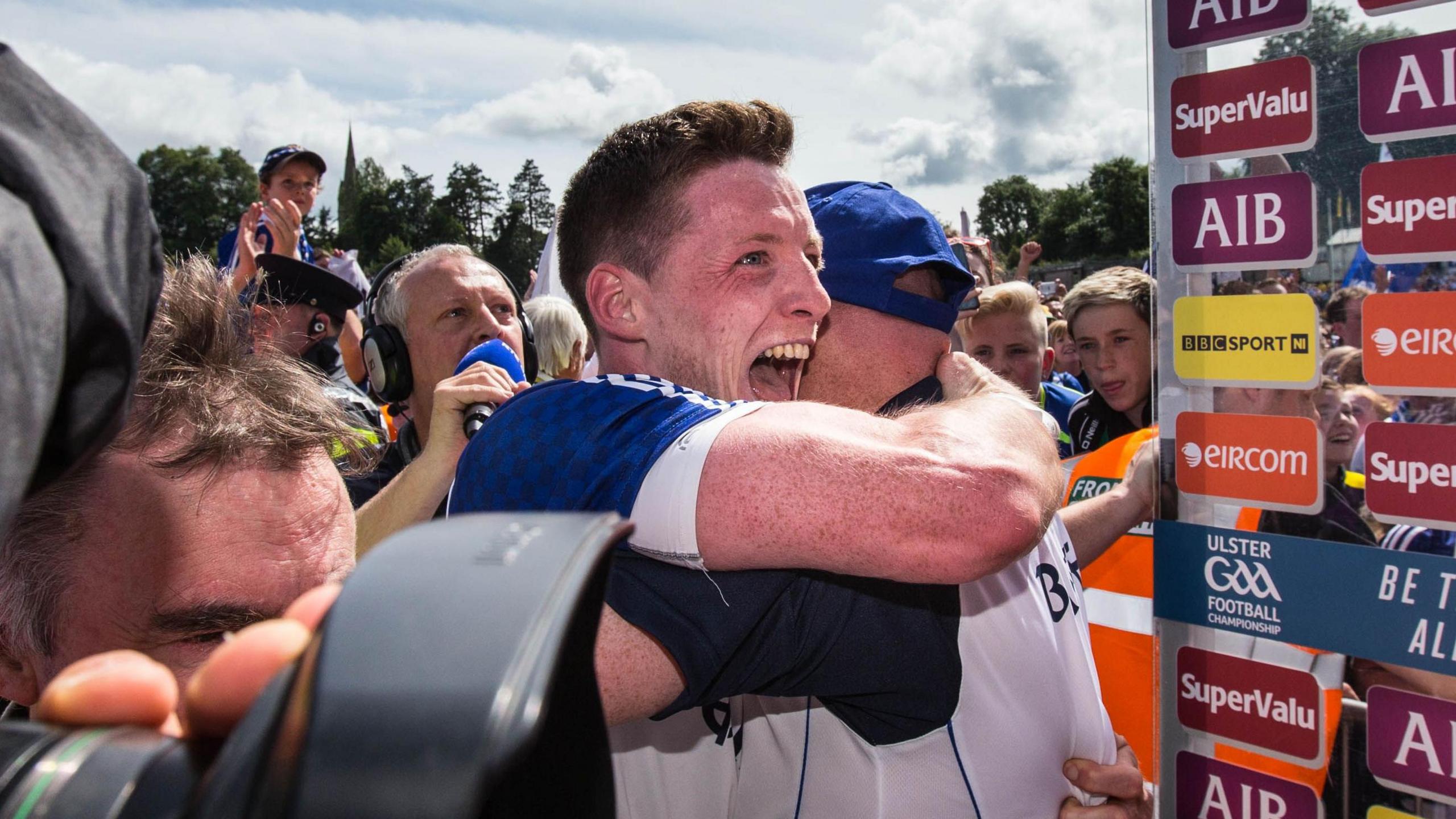 Conor McManus and Malachy O'Rourke embrace after Monaghan's 2015 Ulster triumph