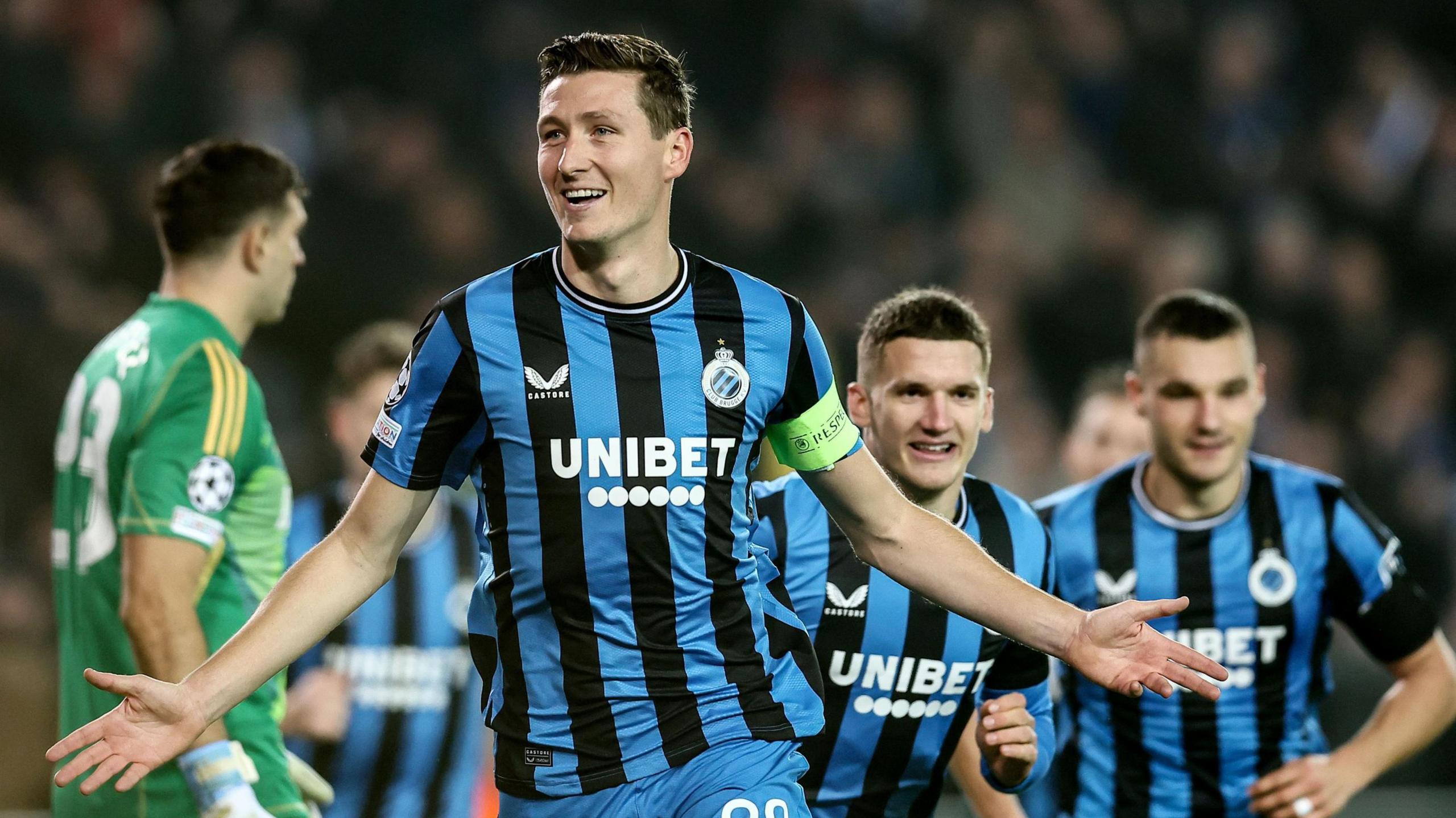 Club Brugge celebrate after scoring against Aston Villa